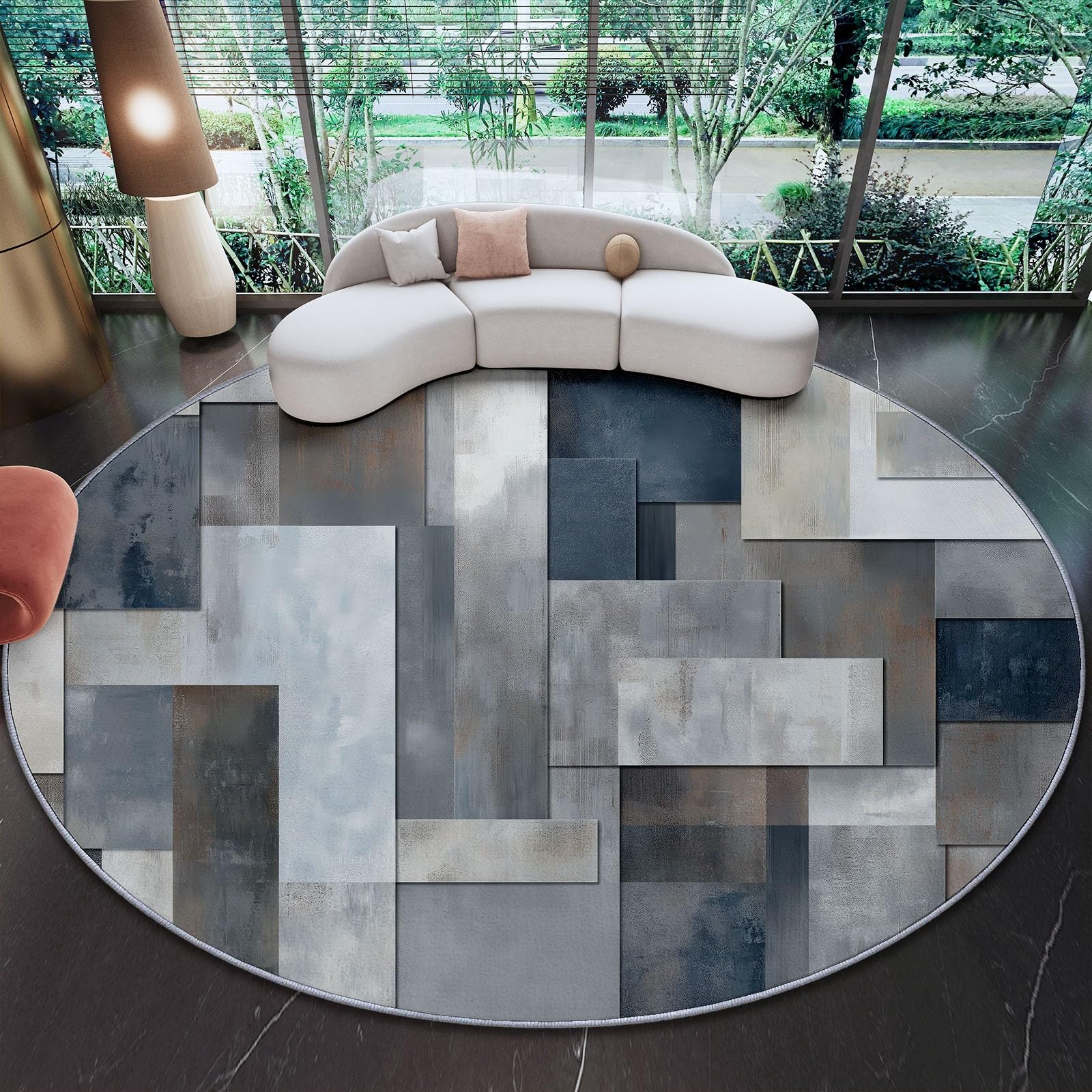 Tapis rond 120 cm lavable gris bleu à motif géométrie abstraite