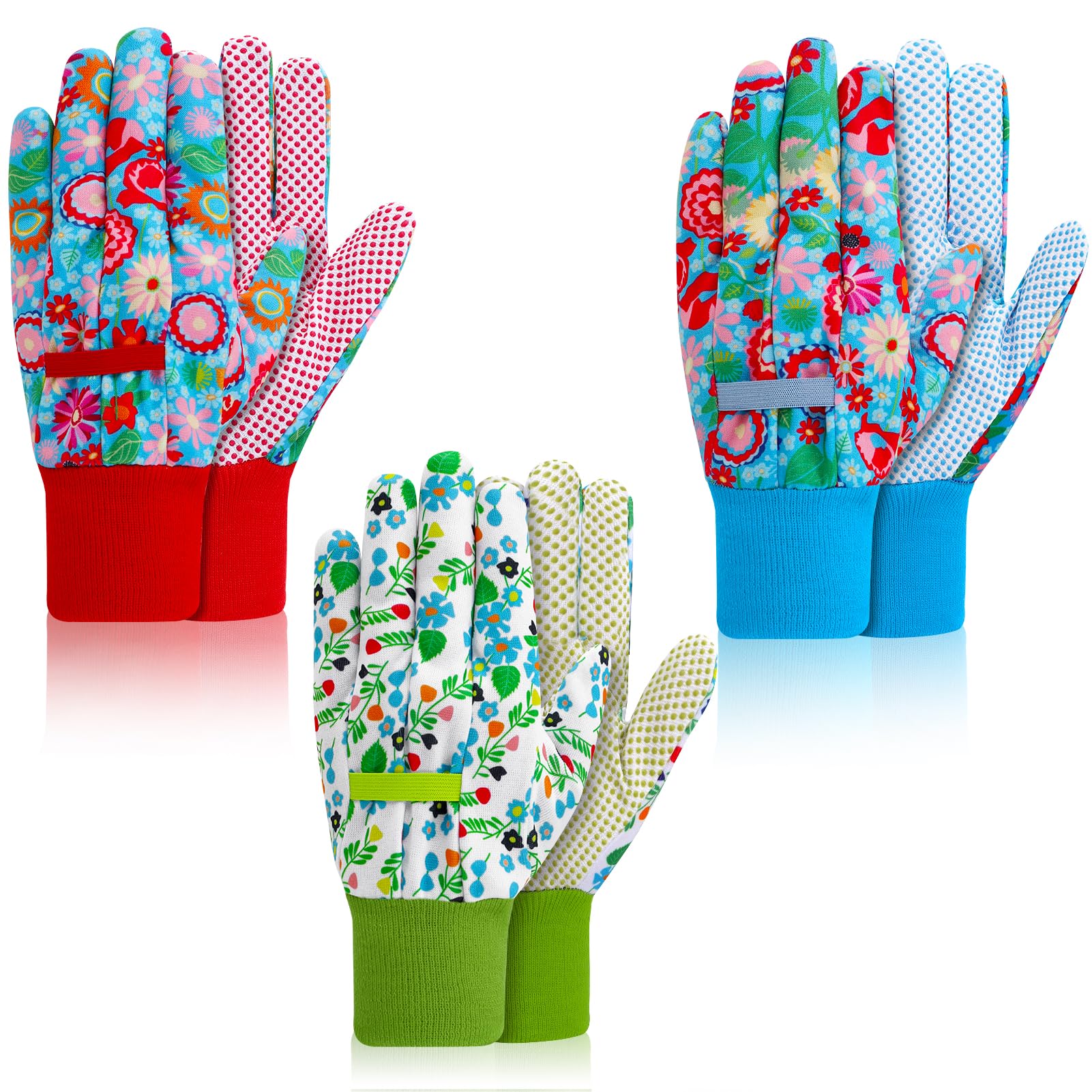 Vyuwast 3 pairs Gloves Gardening Women, Ladies Garden Glove Floral Non-Slip Gardening Work Glove Garden Gloves Gifts with Elastic Cuffs for Women Yard, Cleaning, Red, Blue, Green