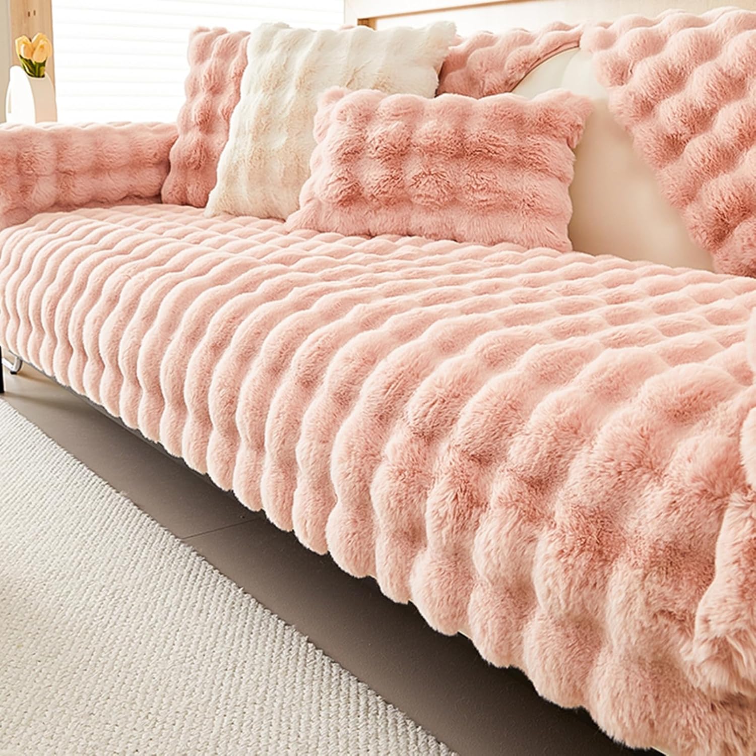 [KUZQIM] ソファパッド ソファーカバー 冬用 暖かい 北欧風 ソファーパッド かけるだけ ふわふわ 長方形 2人掛け ピンク