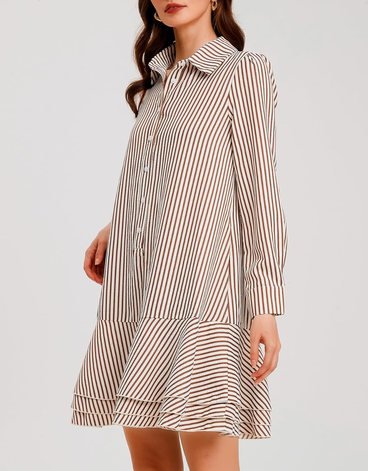 Ladyful Long Sleeve Striped Shirt Mini Dress for Women Button Down Ruffle Tiered Drop Waist Shift Tunic Short Dress - Image 3