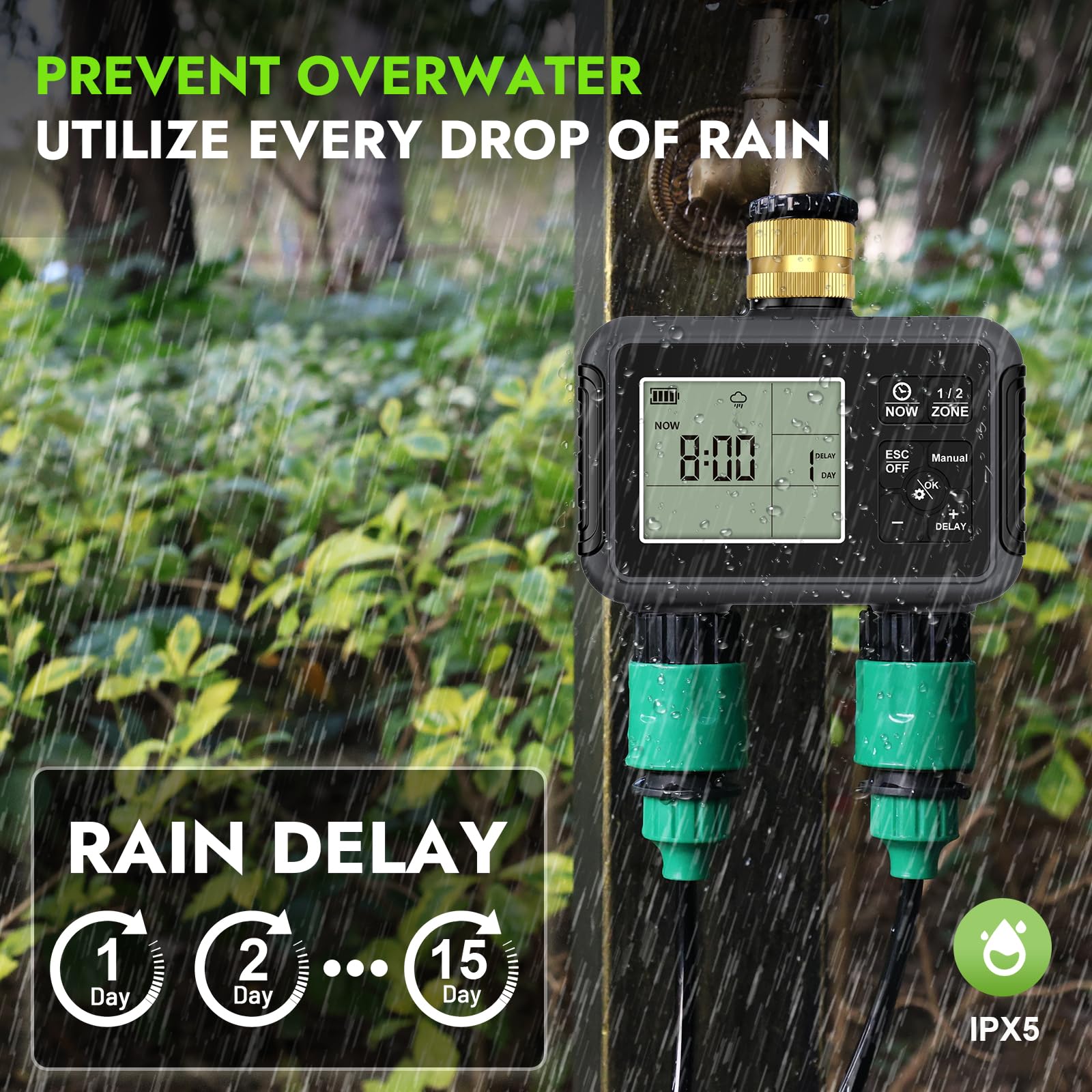 RIOGOO Temporizadores de Grifo para Manguera de jardín Exterior, Temporizador programable para aspersores con retardo por Lluvia (2 Outlet Water Timer)