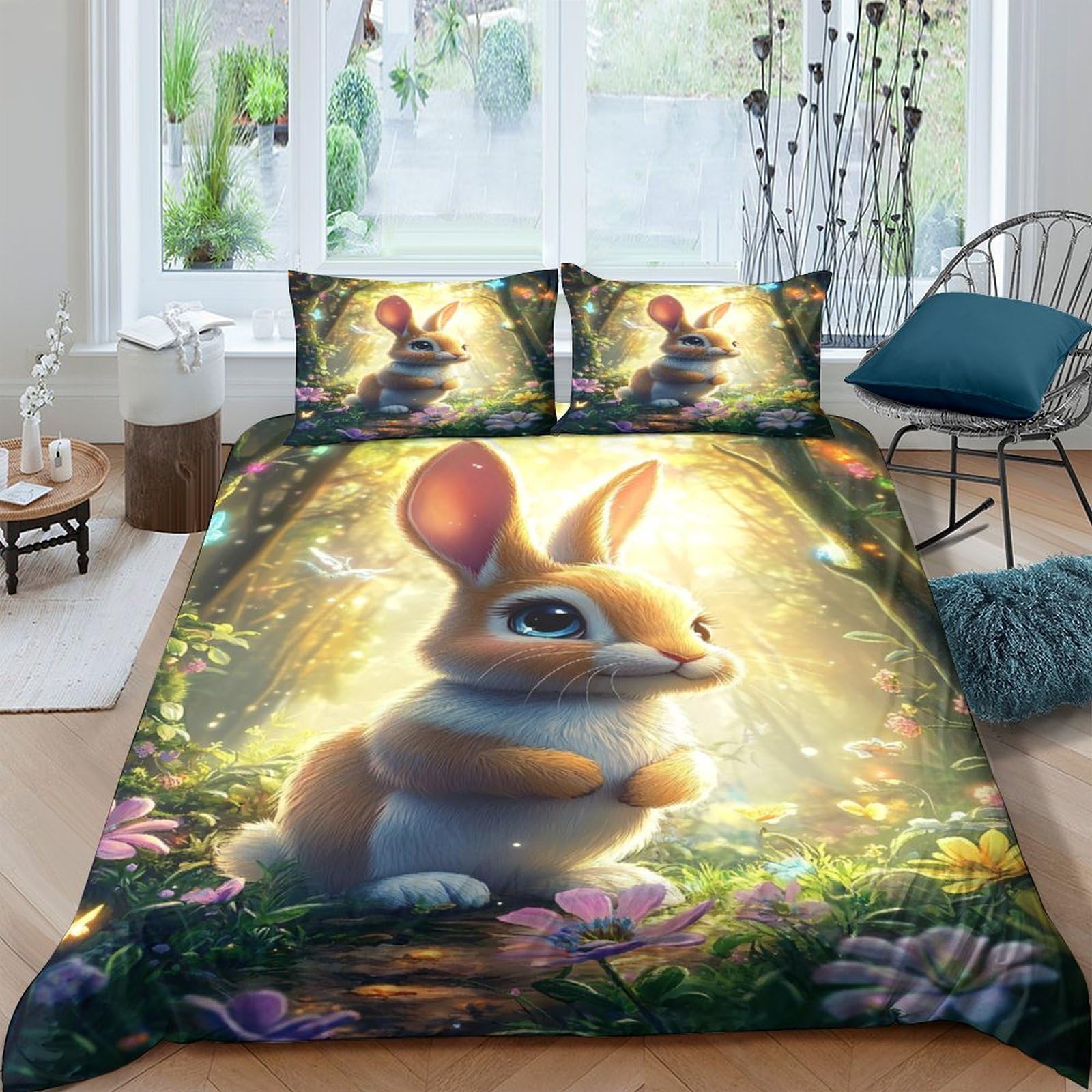 Ctjqhvkz Style-1 3D Printed Forest Bunny Fitted Sheet Microfiber Soft Breathable Woodland Rabbit Mattress Cover Bedroom Decor Single（135X200cm）