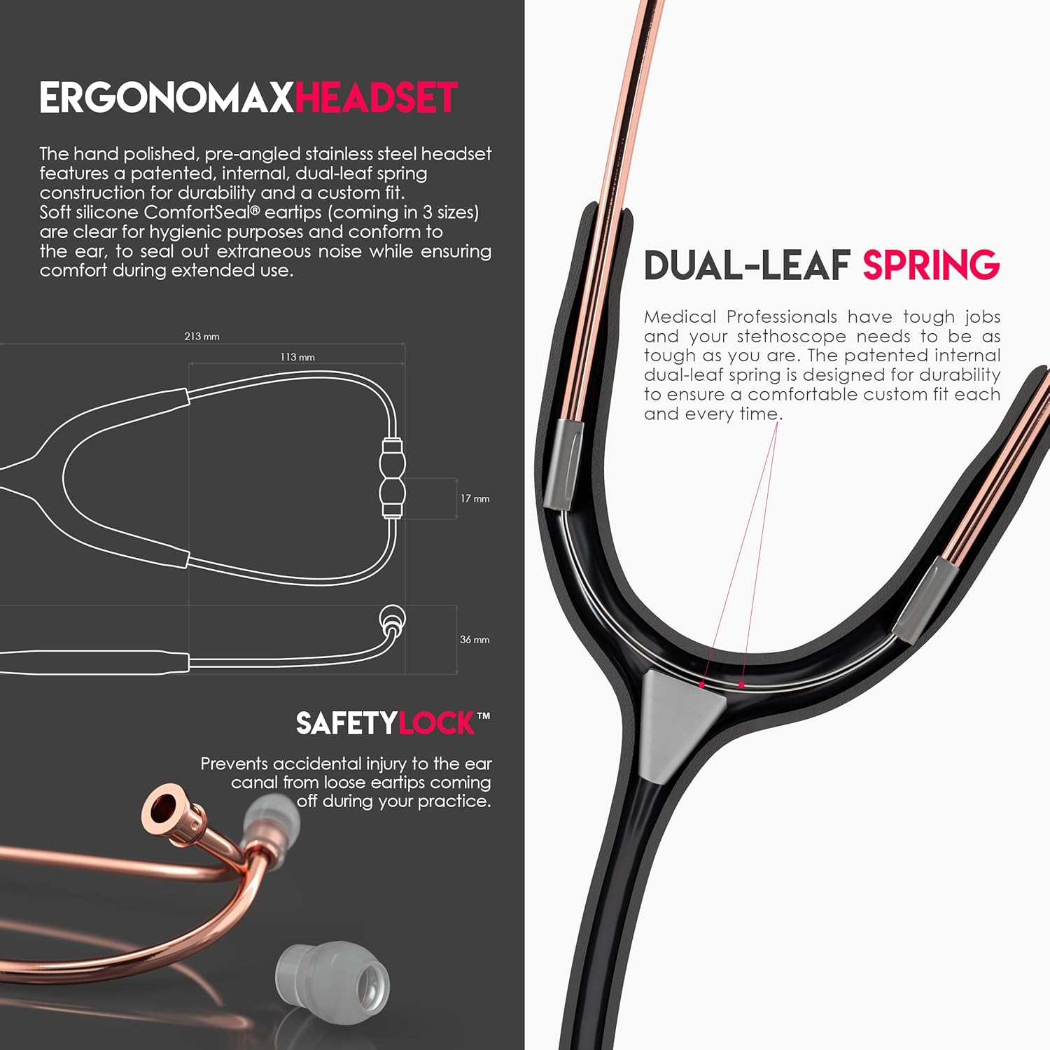 MDF Instruments, RoseGold MD One Stainless Steel Stethoscope, Adult, Black Tube, RoseGold Chestpieces-Headset, MDF777RG11
