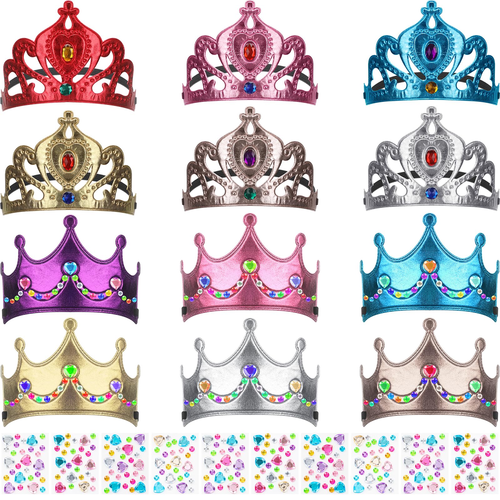 YASUOA 12 Pcs Foam Princess Tiaras and Crowns 10 Sheets Diy Crowns Crystal Diamond Sticker Making Your Own Princess Tiaras Diy Crowns Set for Kids Party Supplies