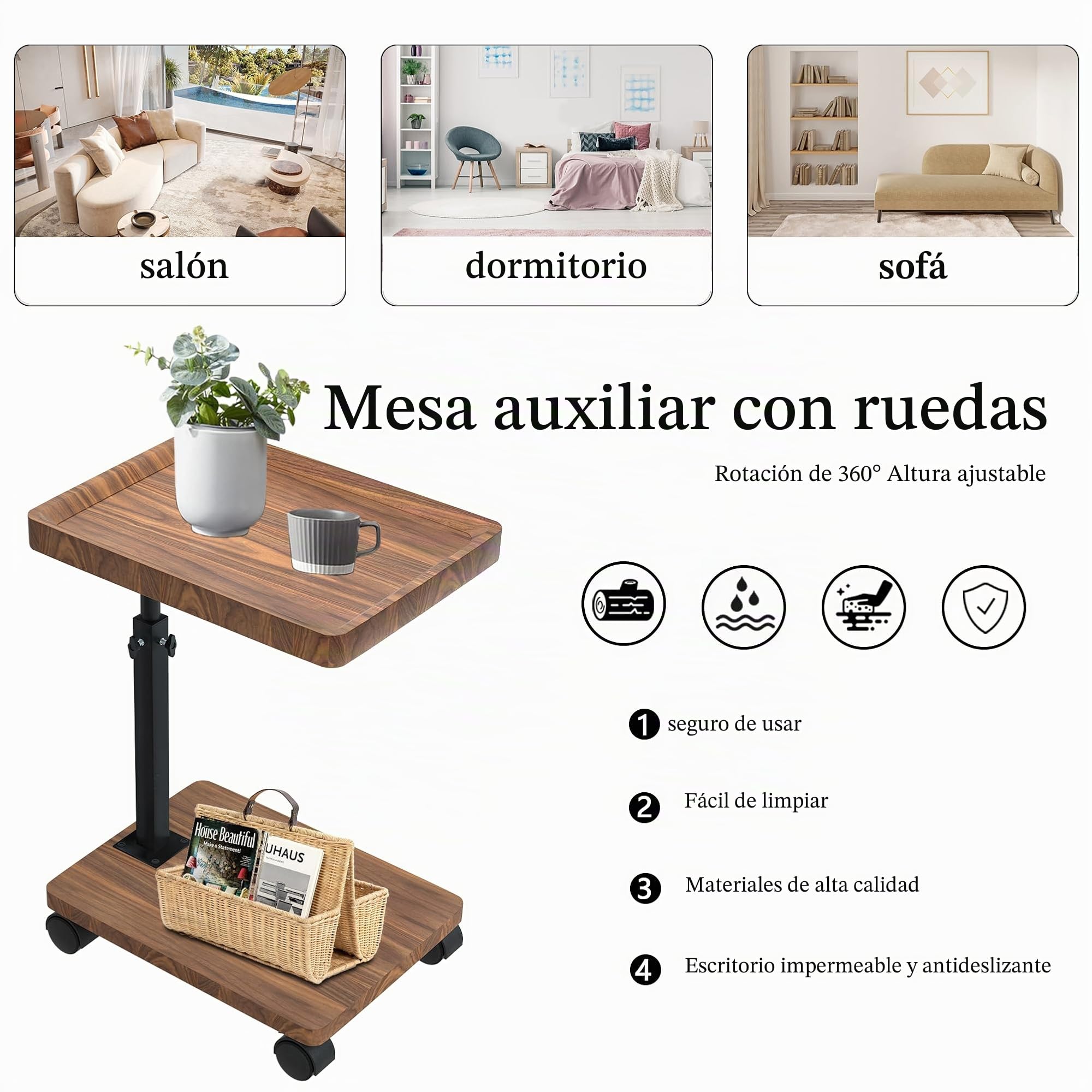 Mesa Auxiliar con Ruedas, Altura Regulable (45 – 80 cm), Mesa Auxiliar de Madera en Forma de c con Acabado de Nogal Giratorio 360°, Mesa de Centro pequeña para salón, sofá
