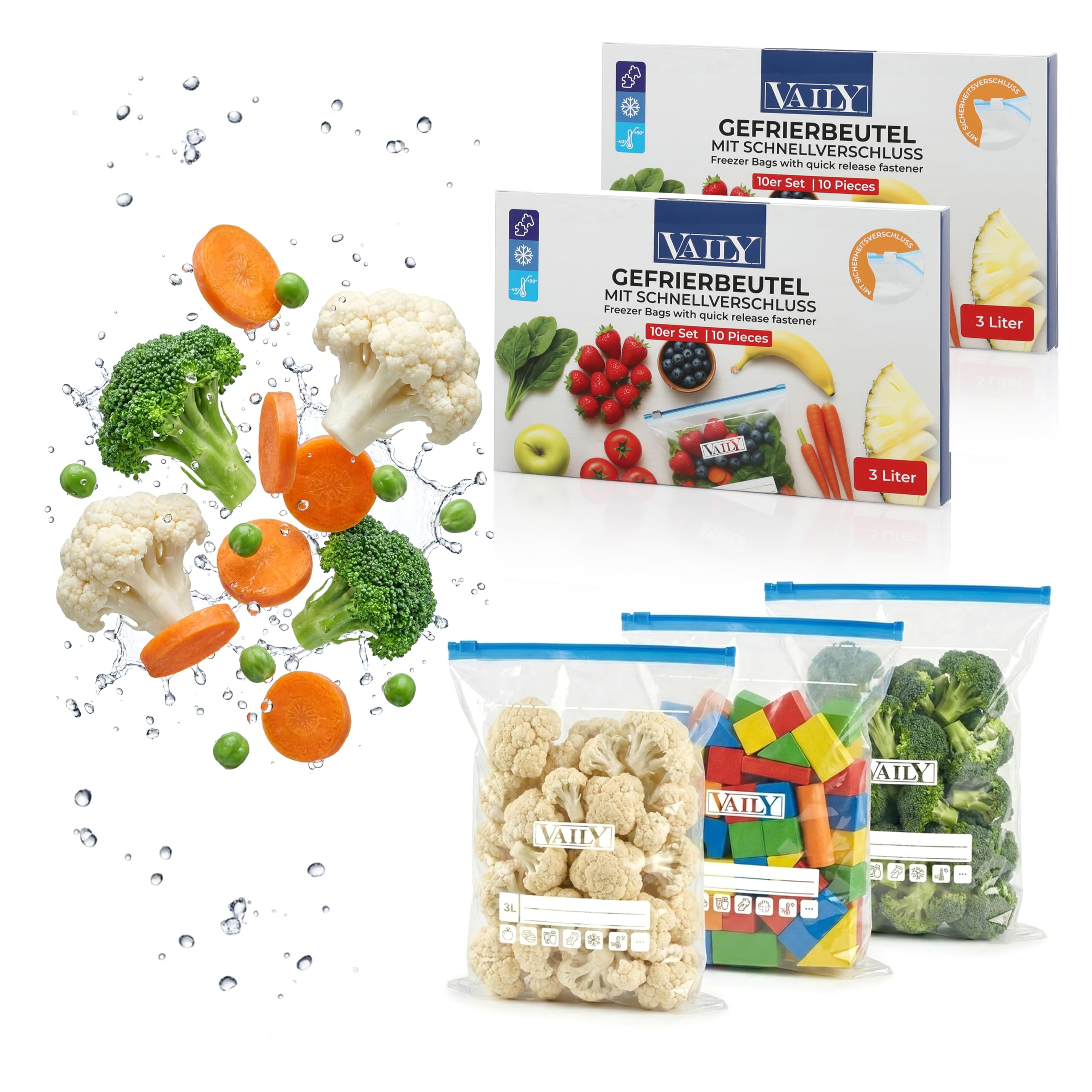 Vaily Transparent Zip Freezer Bags Set Of 20 - 3L Food Storage Bags For Resealing - Large Set For Food Storage And Freezing
