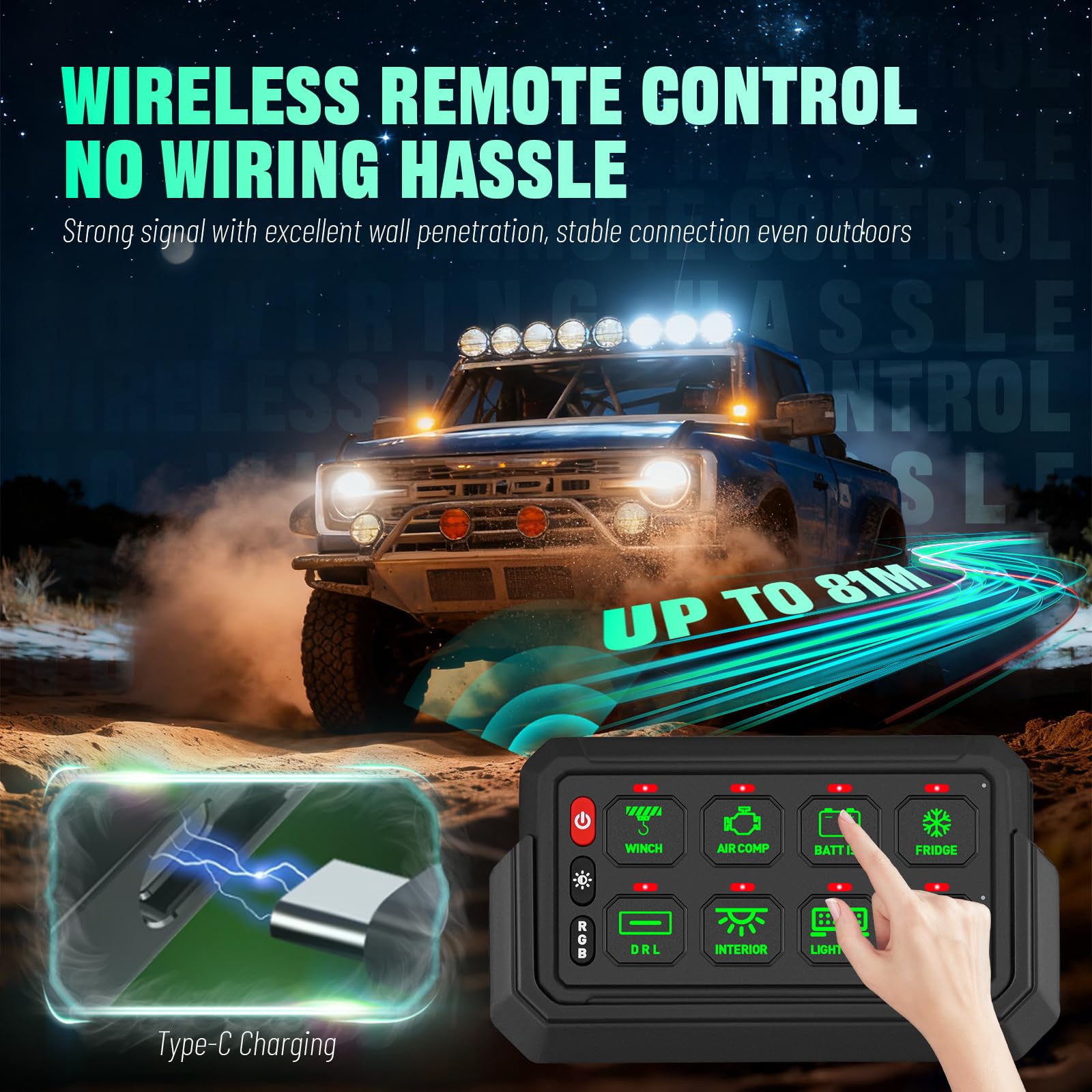 Chelhead 8 Gang Kabelloses Schaltpanel Kit Steuerung bis zu 81m 12-24V | Schaltkreissteuerung Relais-Systembox Multifunktions-Schaltpanel 4 Lichtsteuerungsmodi kompatibel mit Marine ATV UTV SUV Boot