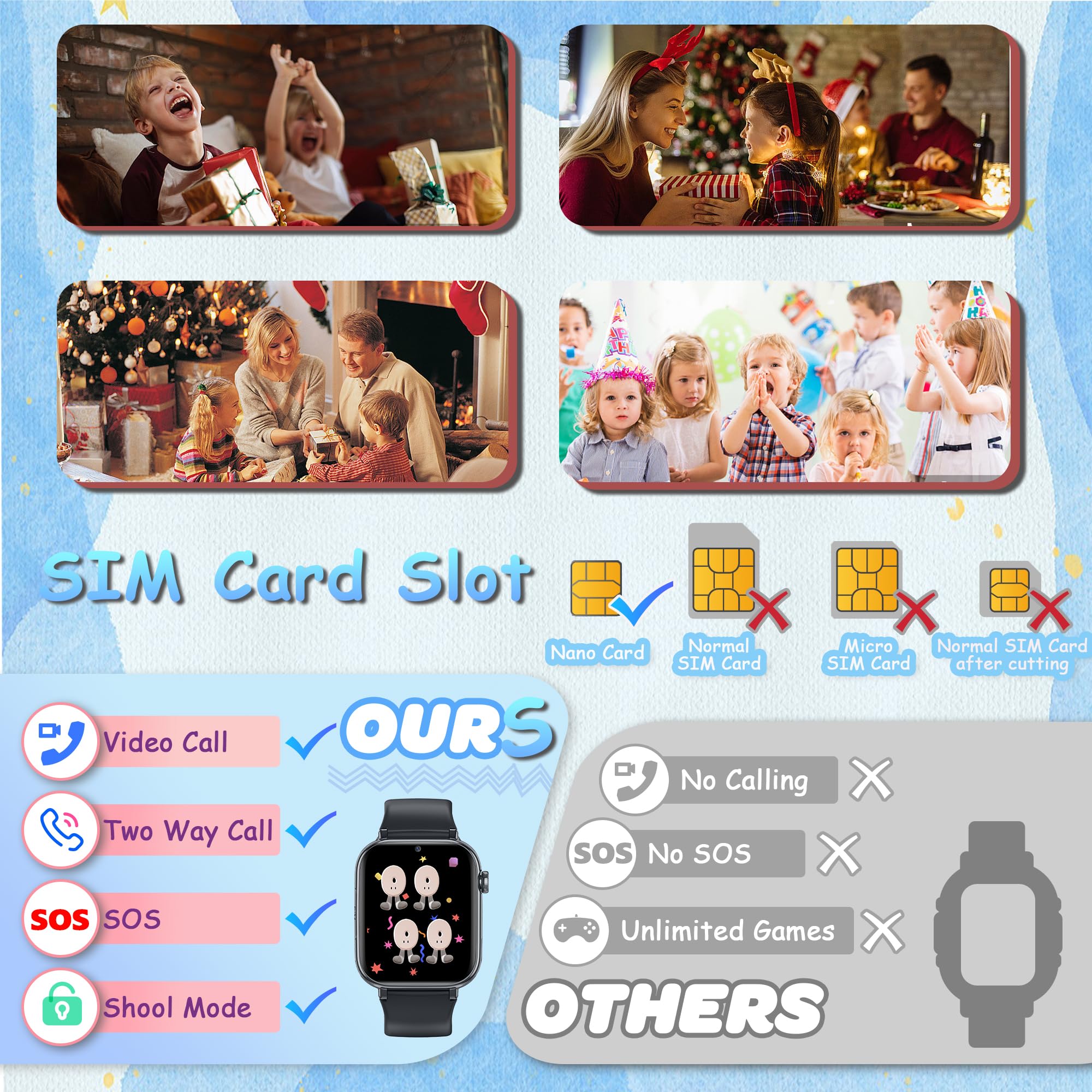 Smartwatch Bambini 4G GPS, Videochiamate, SOS, Voce Chat, Fotocamera Regali | posizione in tempo reale, chat familiare, modalità scuola, telefono, giochi, ip68, sveglia, compleanno ragazza ragazzo