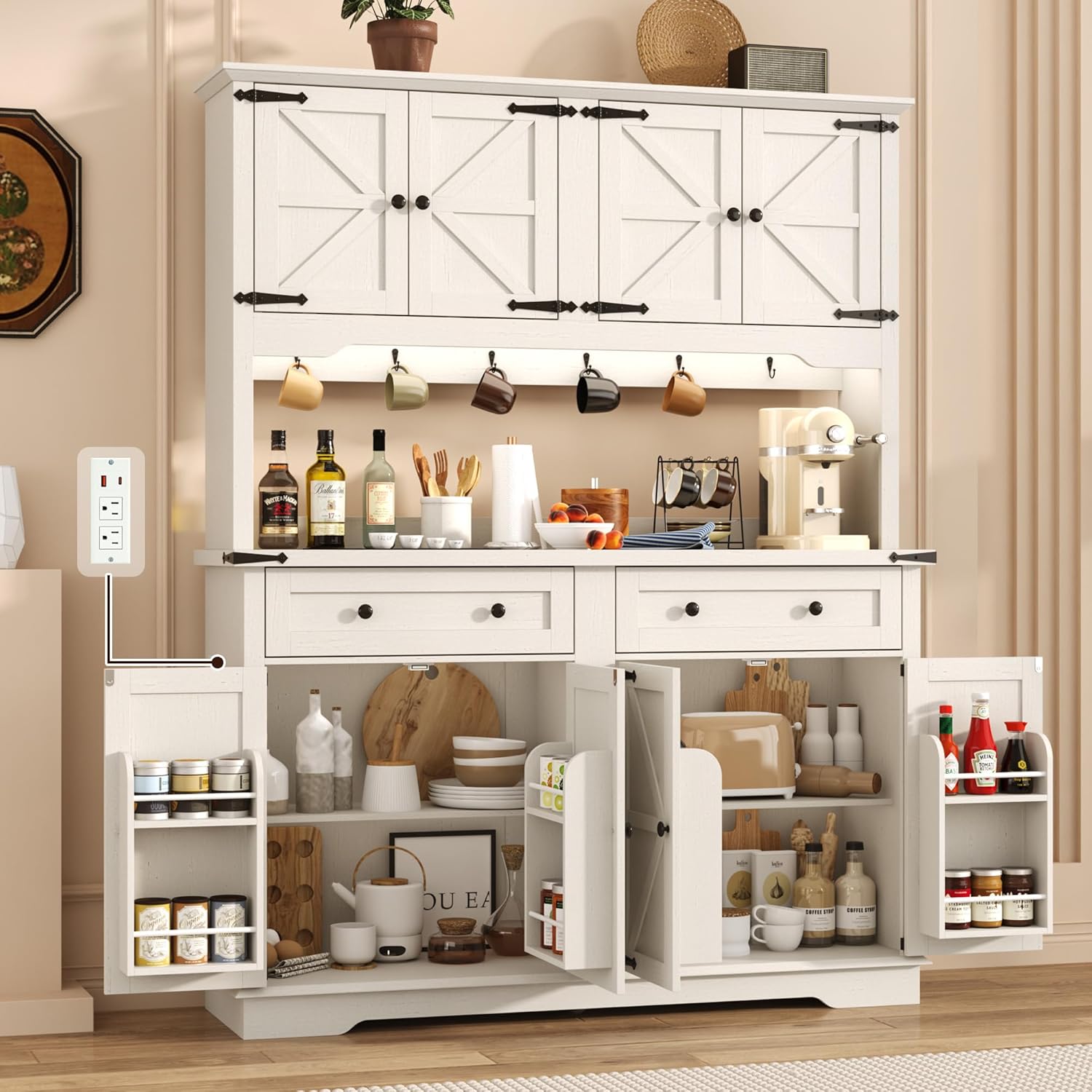 71" Tall Large Pantry Storage Cabinet w/Power Outlet,55" Wide Farmhouse Kitchen Hutch Storage Cabinet w/Barn Doors,2 Drawer,Large Countertop,LED Light,Rustic Coffee Bar,6 Hooks,8 Doors Shelves,White