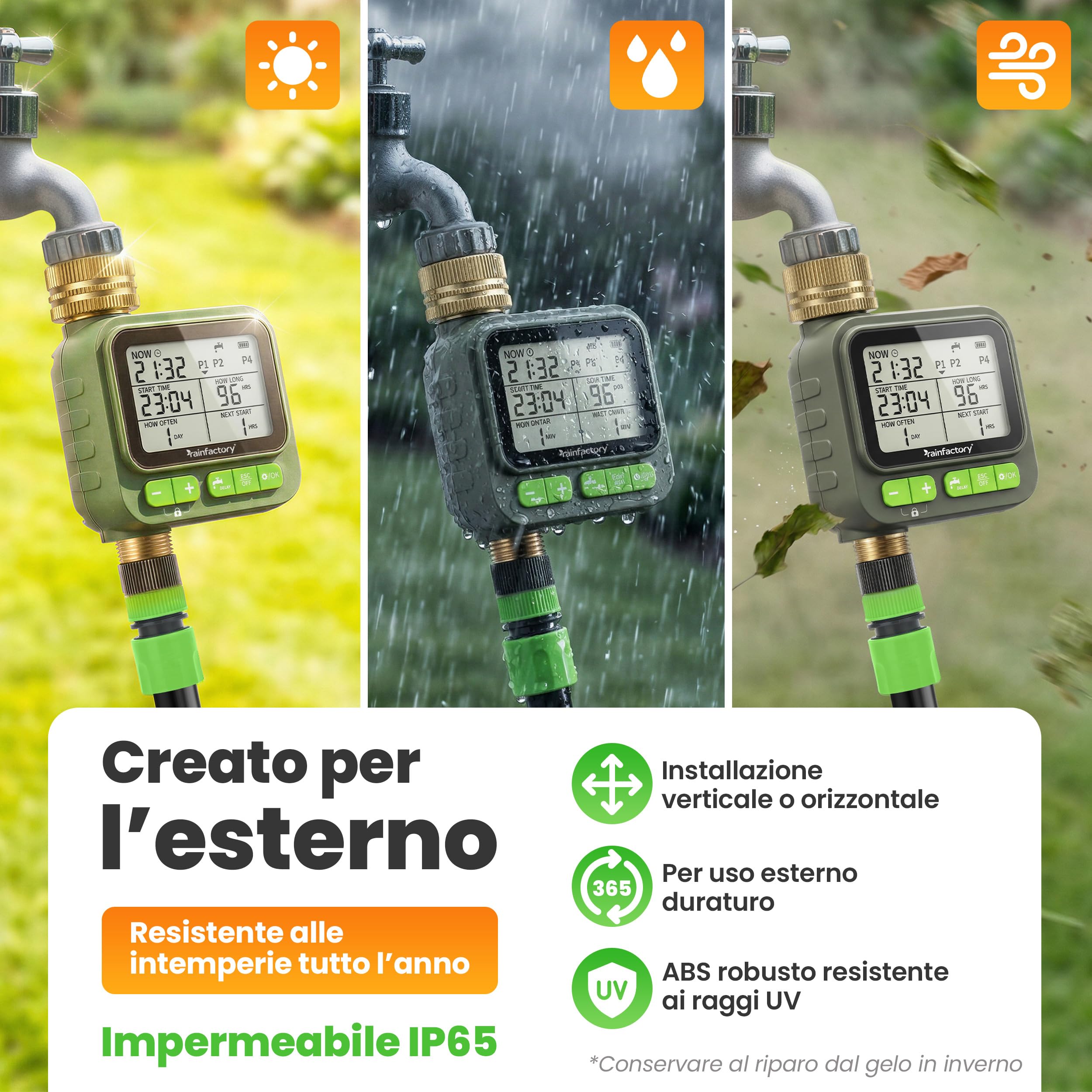 rainfactory - timer irrigazione automatico 1 via, centralina irrigazione a batteria IP65 con display LCD, 4 programmi, manuale, delay pioggia, raccordo ¾" per giardino, balcone, vasi, goccia a goccia!
