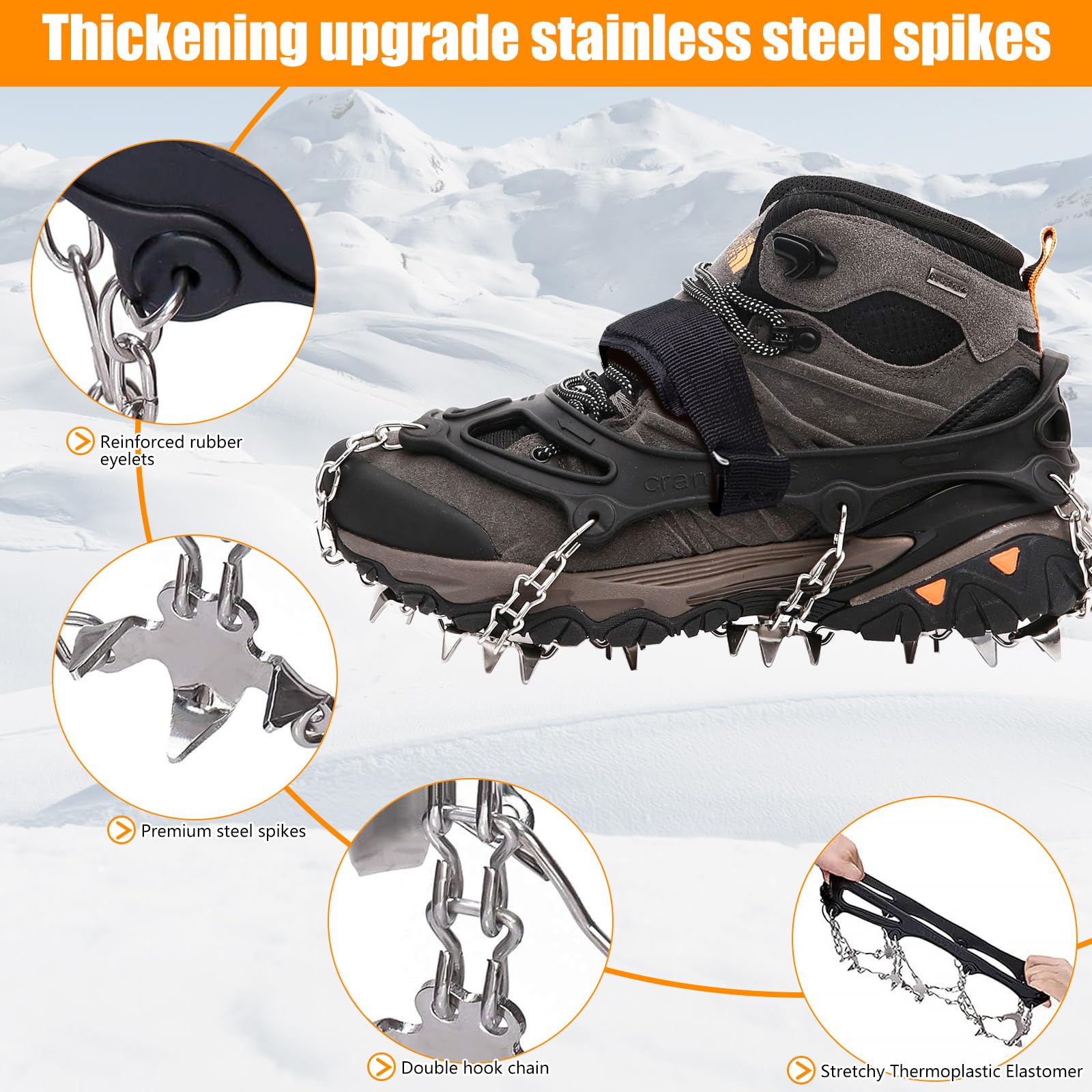 Grödel Crampons pour Chaussures de randonnée, Acier Inoxydable épaisses, Antidérapants Homme