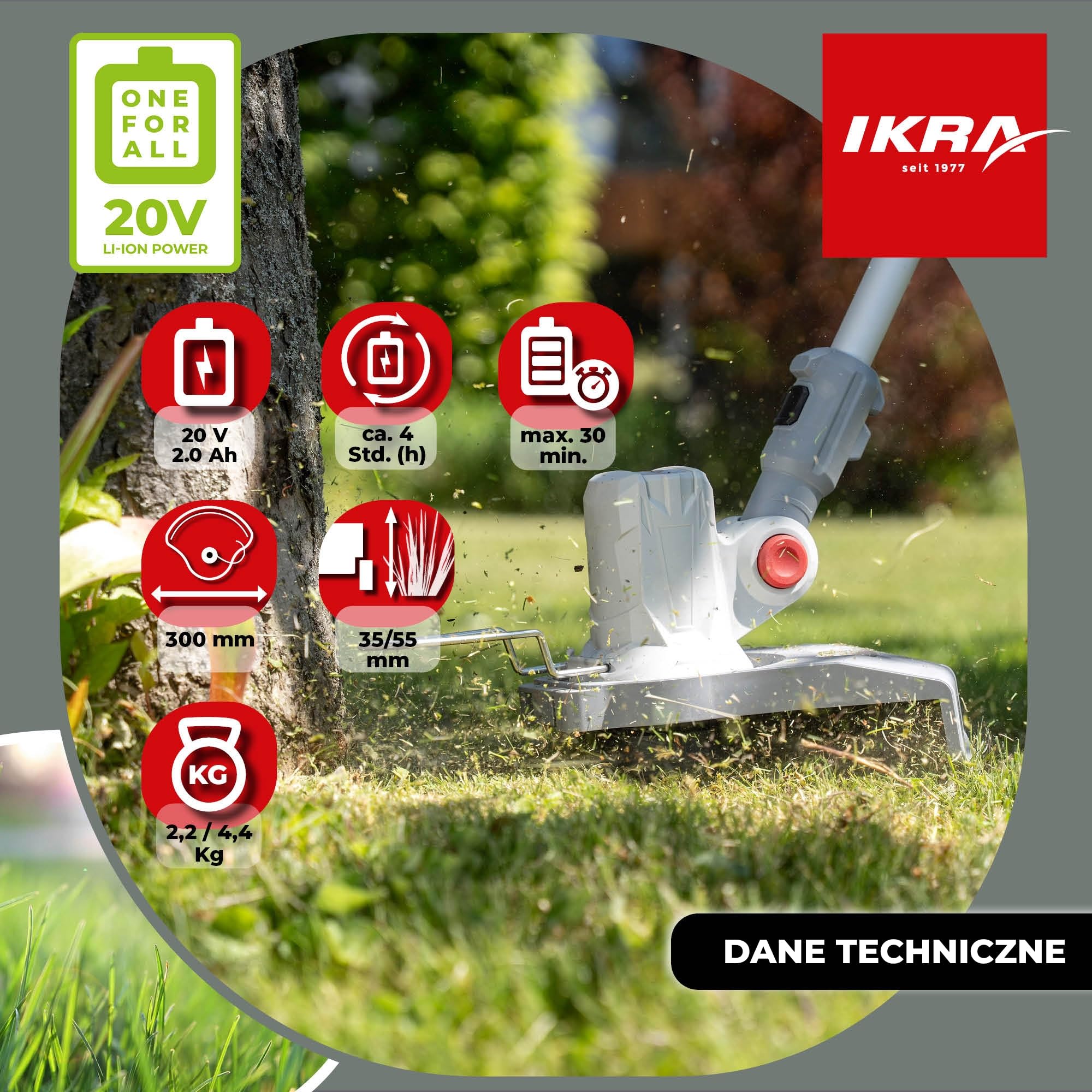 IKRA 2w1 Podkaszarka i kosiarka akumulatorowa IART 2030 F z żyłką | W zestawie akumulator 20V 2,0Ah i ładowarka, do małych trawników, system szybkiej wymiany,rodzina akumulatorów IKRA 20V