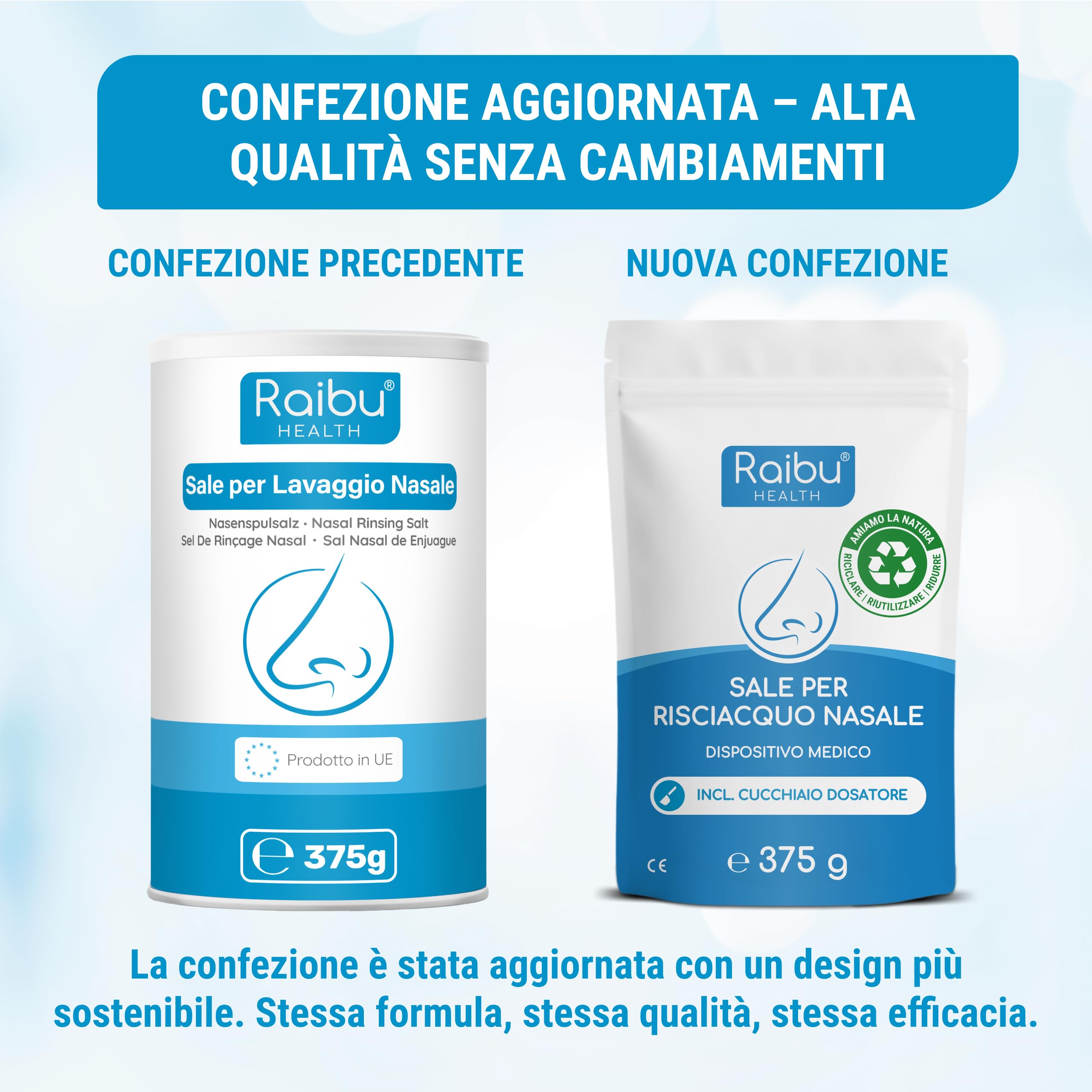 Raibu Fisiologico per Lavaggi Nasali - 150 Porzioni (XXL) I Con Misurino Dosatore I Sale Lavaggio Nasale, Irrigazione del Naso, Neti Lota