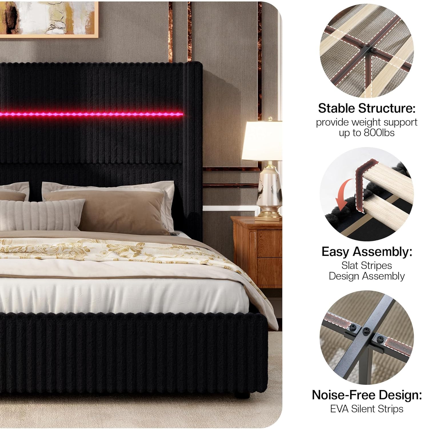 Jocisland Full Size Corduroy Upholstered Bed Frame with 4 Storage Drawers & 51.2" Tall Wingback Headboard, LED Platform Bed with Charging Station, Easy Assembly, No Box Spring Needed, Black