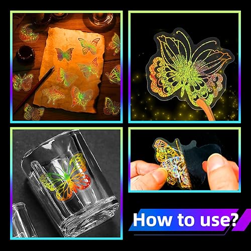Miniatura 4 de Yoksas 100 calcomanías de mariposa holográficas doradas con purpurina, calcomanías de mariposa transparentes para álbumes de recortes, botellas de