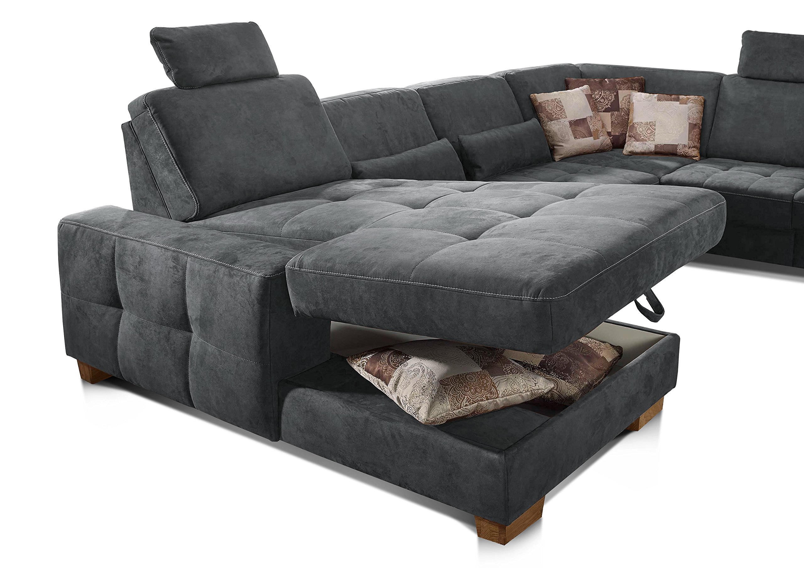 CAVADORE Wohnlandschaft Puccino mit Federkern, Bettfunktion, Sitztiefenverstellung und 2 Kopfstützen / Sofa in U-Form im Landhausstil / 340 x 86 x 224 cm / Mikrofaser grau