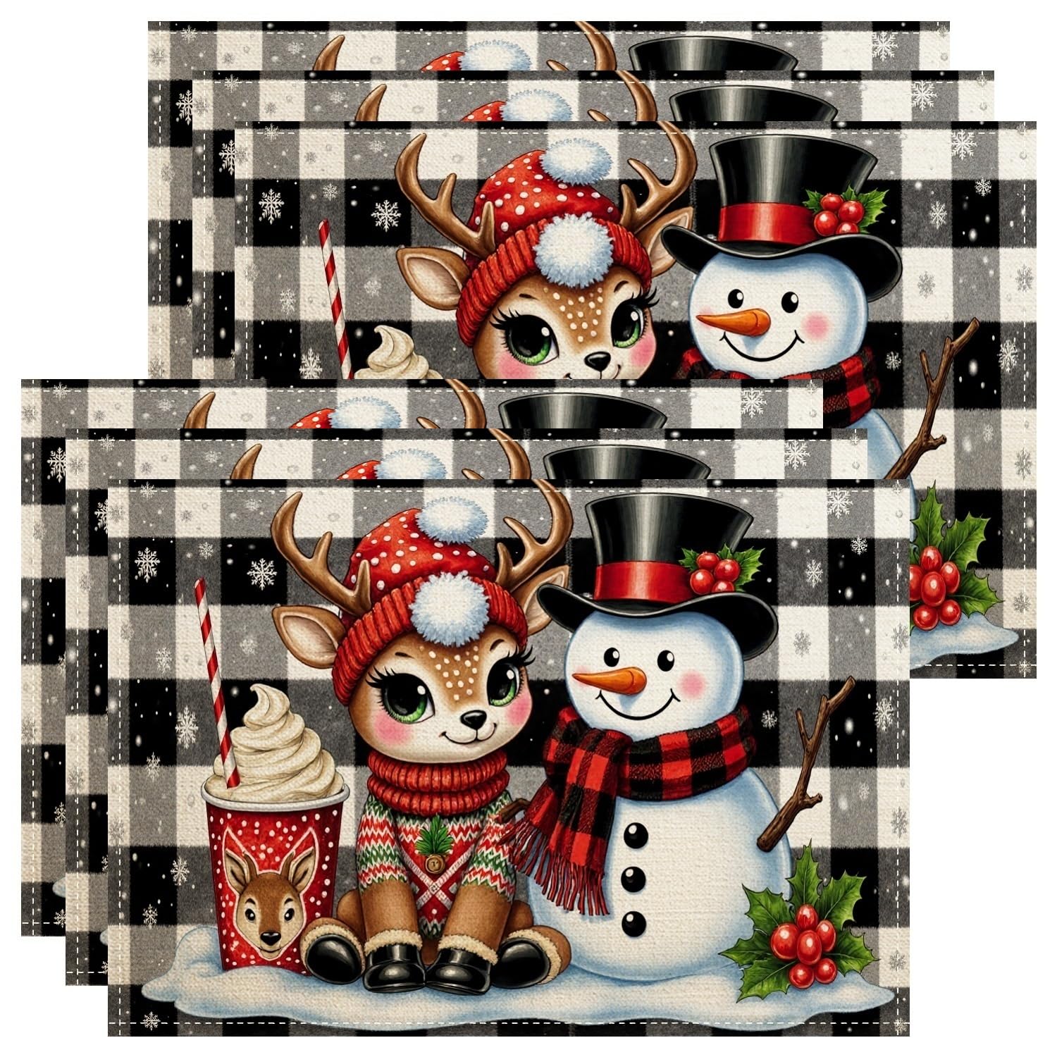 Christmas Reindeer Snow Man Placemats, Cute Holiday Plaid Place Mats for Dining Table, Winter Festive Non-Slip Washable Indoor Outdoor Kitchen Party Decorative Placemat Set of 6