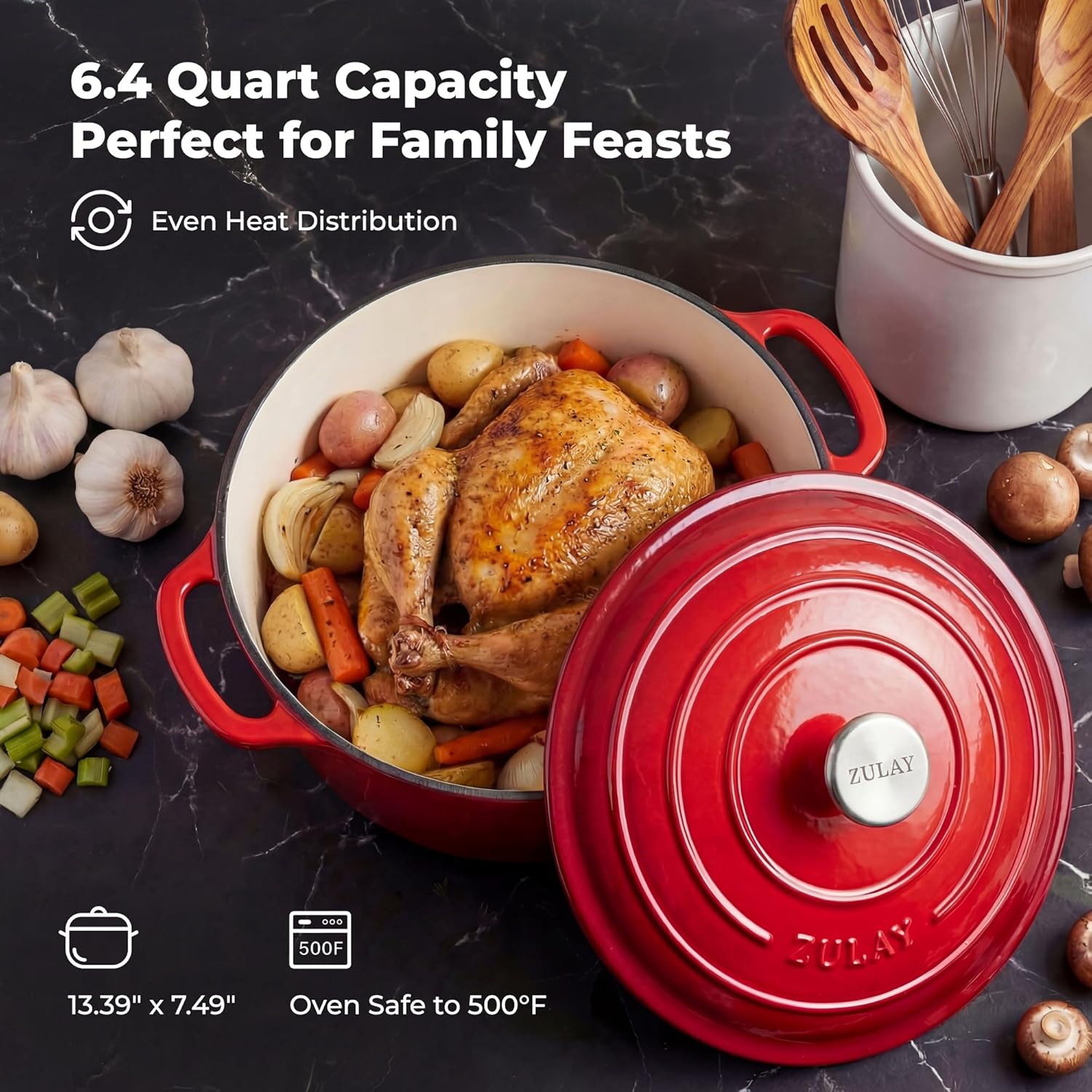 Zulay Kitchen 6 Quart Enameled Cast Iron Dutch Oven Pot with Lid – Premium Durability & Oven Safe up to 500°F – Heavy Duty Cookware Perfect for Bread Baking, Stews, Braising & Roasting - Red - Image 6