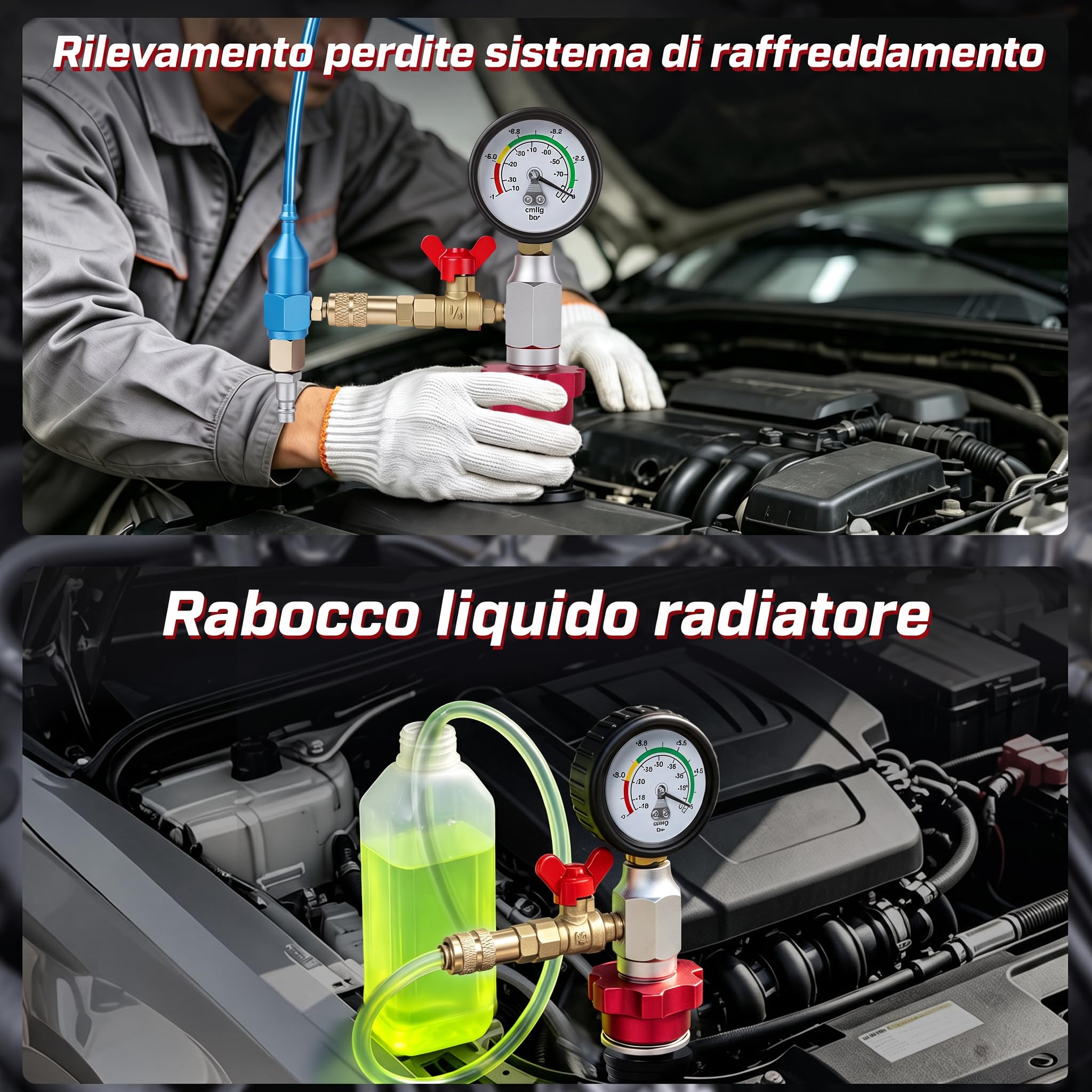 KAISAL Kit di sfiato e ricarica per liquido refrigerante per auto | Riempitore pneumatico antigelo con manometro, 5 adattatori di dimensioni per tutti i veicoli