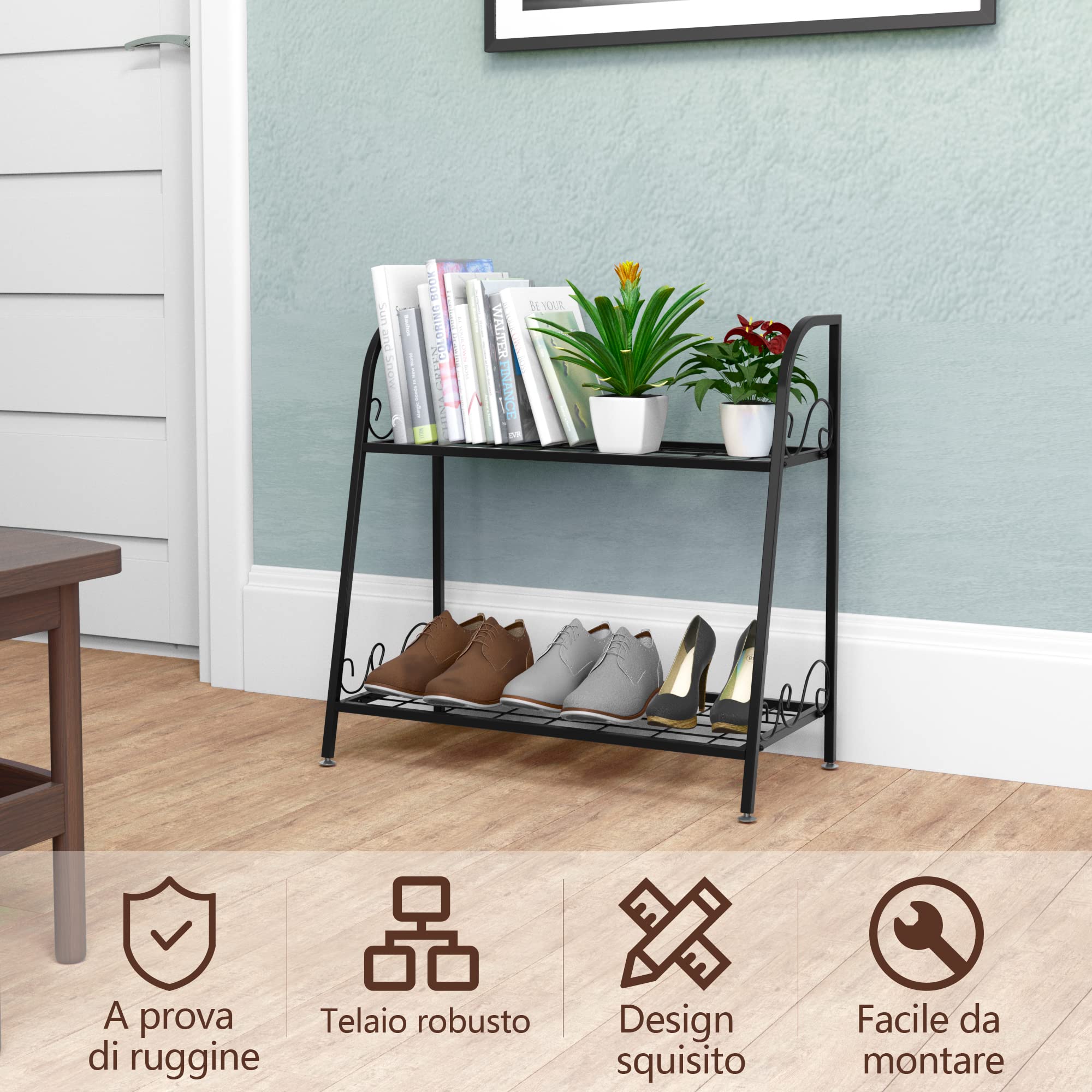 COSTWAY Scaffale Portafiori a 2 Ripiani in Metallo da Esterno e Interno | Scaffale Porta Piante e Vasi a Scala, per Balcone, Soggiorno e Giardino, 63 x 30,5 x 61,5 cm