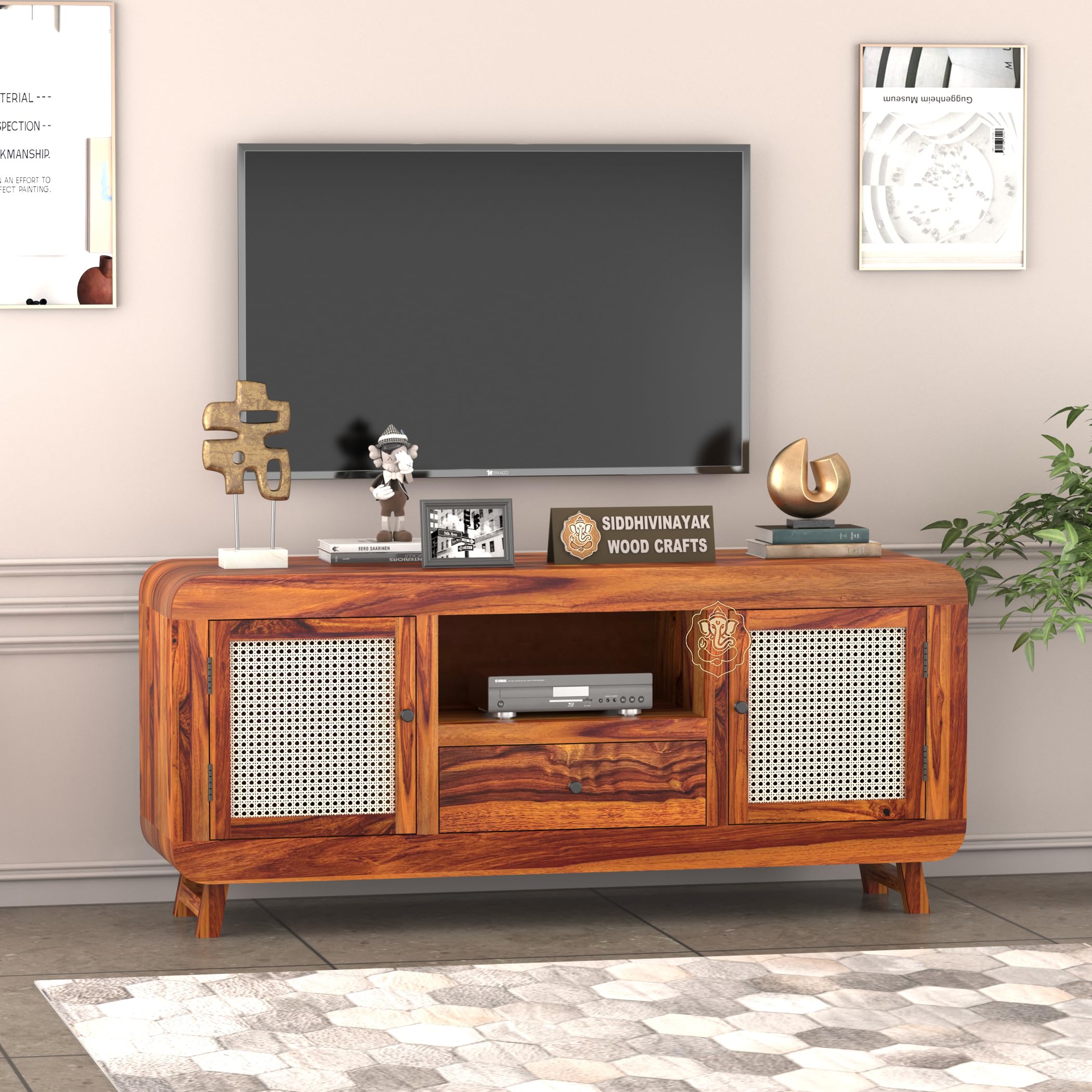 Siddhivinayak Solid Sheesham Wood TV Unit for Living Room | Wooden Entertainment TV Cabinet with 2 Cane Doors, 1 Drawer & Open Shelf Storage | Media Console Movable Tv Cabinet for Home | Honey Finish-image-6