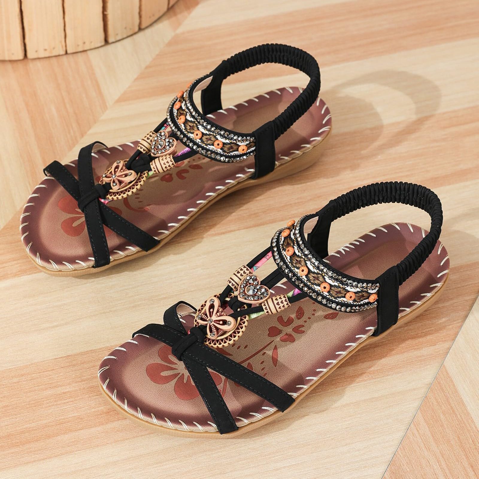 Generisch Sandalias para mujer, estilo boho, sandalias brillantes de estrás, zapatos de playa, elegantes sandalias romanas, tallas grandes, sandalias planas, suaves, antideslizantes, informales, con