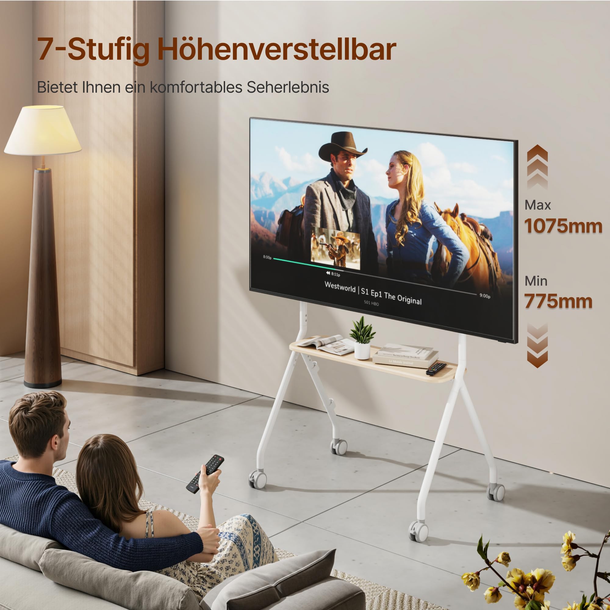TV Ständer mit Rollen für 49-80 Zoll Fernseher bis 50 kg, Weiß | Höhenverstellbar und Schwenkbar Staffelei, Mobiler TV-Wagen mit Holztablett, Max.VESA 600*400MM, für Büro, Schule und Heim