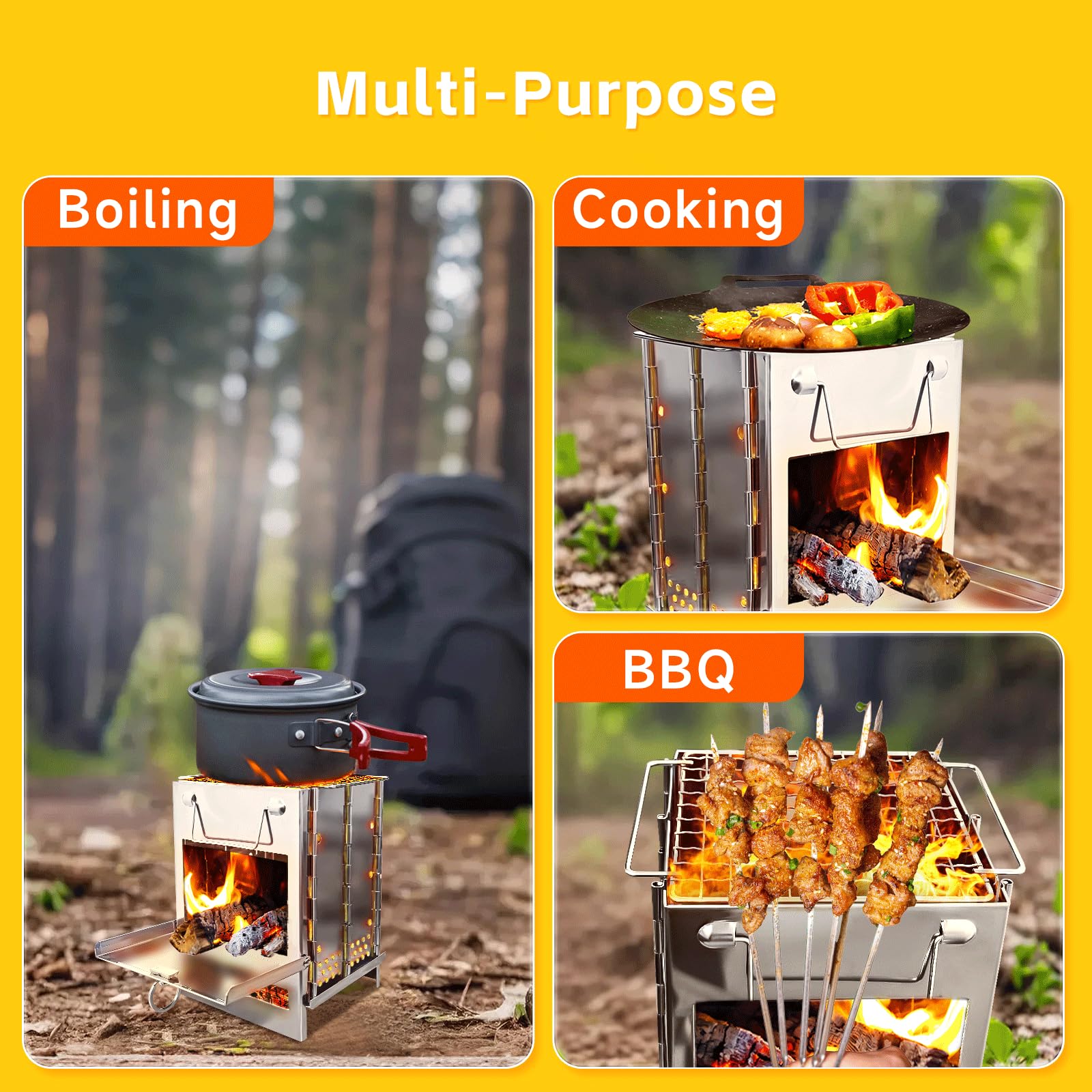 Estufa plegable de camping y parrilla, estufa plegable portátil de acero inoxidable, estufa de camping para cocinar al aire libre, senderismo, supervivencia, viajes, picnic, barbacoa (6.3 x 6.3 x 8.7