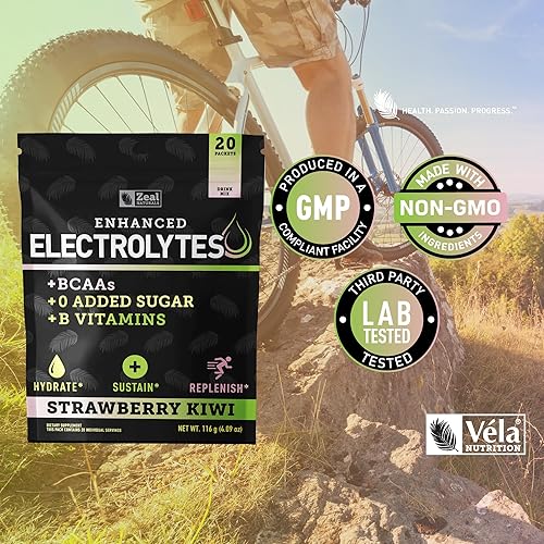 Miniatura 7 de Paquetes de electrolitos mejorados en polvo (fresa y kiwi  20 paquetes) con 0 azúcar+BCAA + suplemento de electrolitos de vitaminas B con zinc de