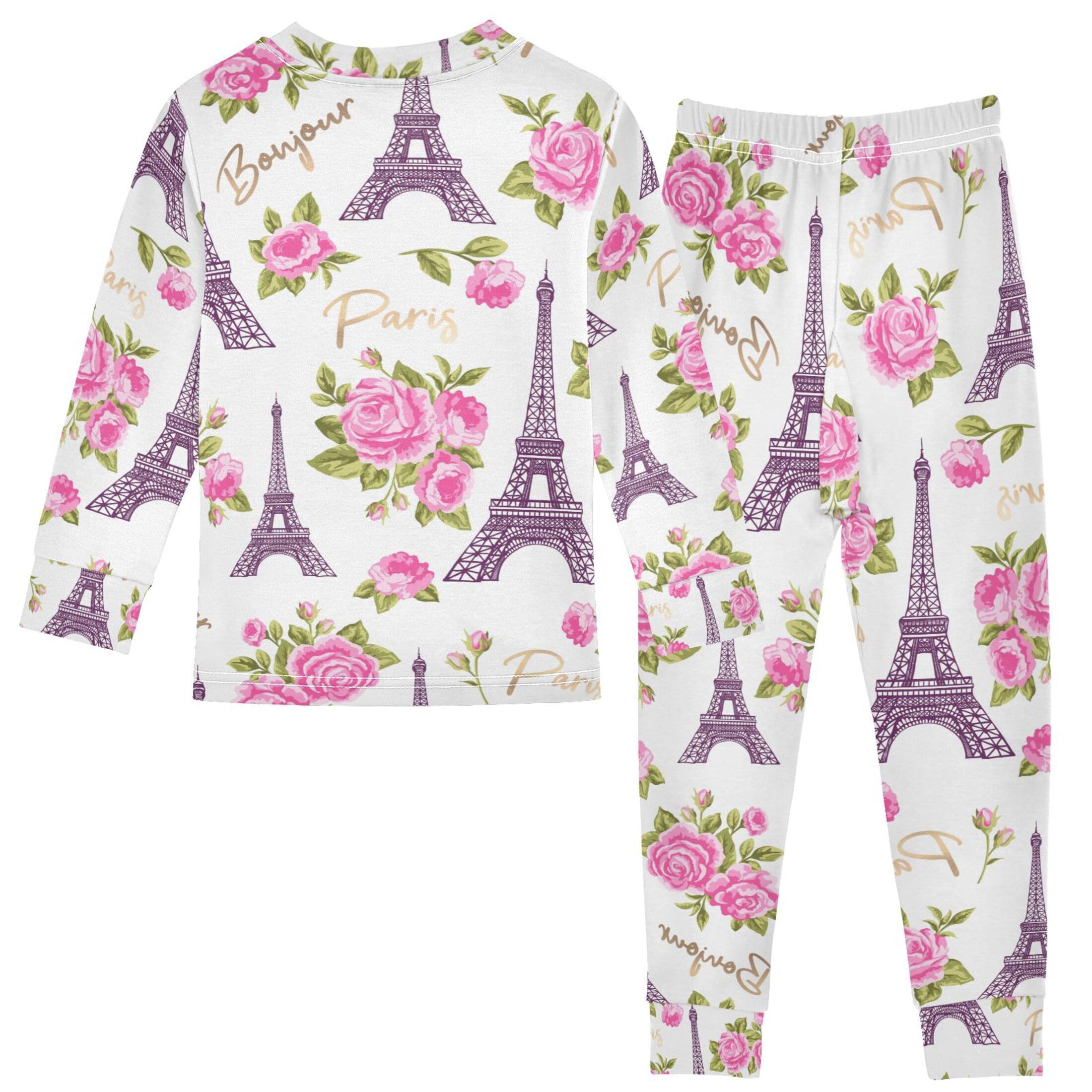 Vozoza Paris Eiffel Tower Flower Pajama Sets Long Sleeve Top with Pants Cotton Soft Sleepwear 2 Piece Pjs Set Size 5T