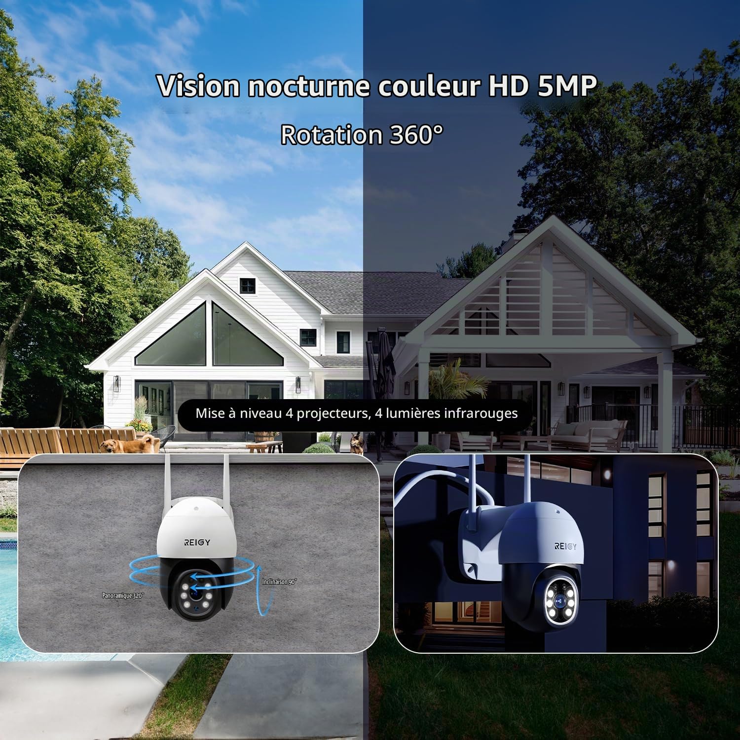 REIGY 5MP Caméra de Surveillance WiFi Extérieure PT 360°, IP Caméra de Sécurité sans Fil(2880 * 1620p) avec Détection Mouvements Vision Nocturne Couleur Audio Bidirectionnel Compatible NVR