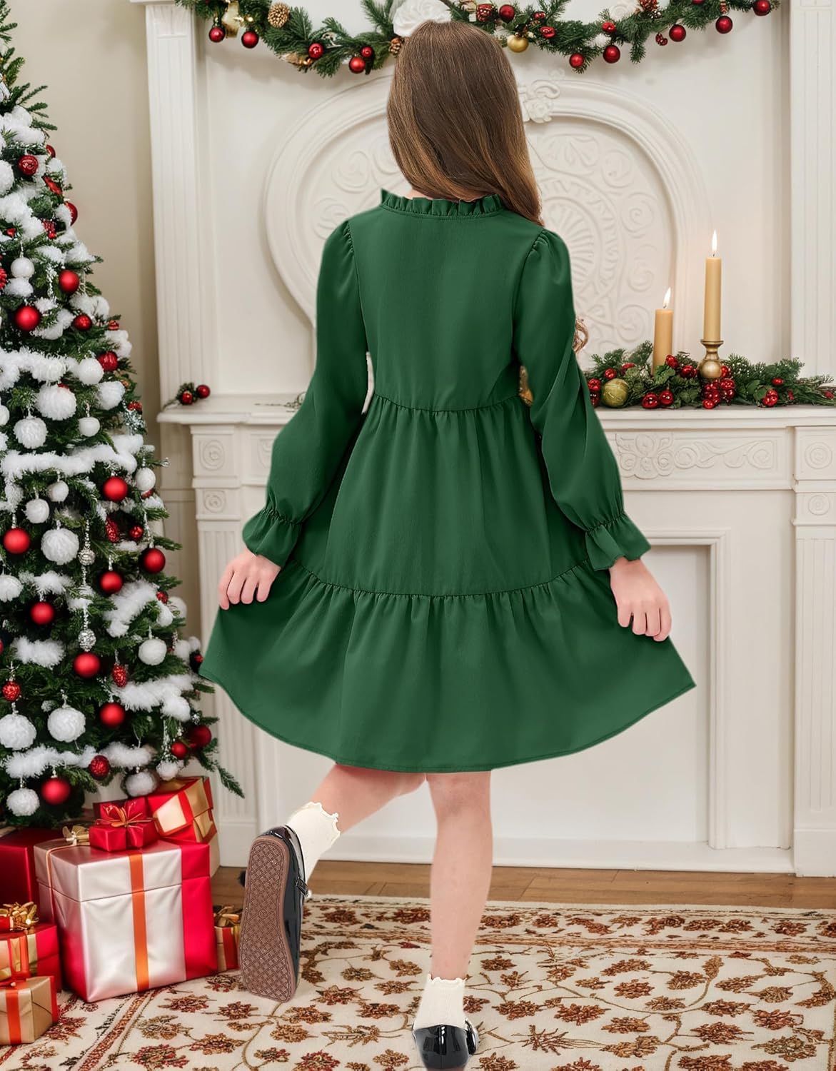 JiAmy Girls Dresses Long Sleeve V Neck Fall Ruffle Tiered Flowy Swing Casual Fashion Dress with Pockets - Image 5