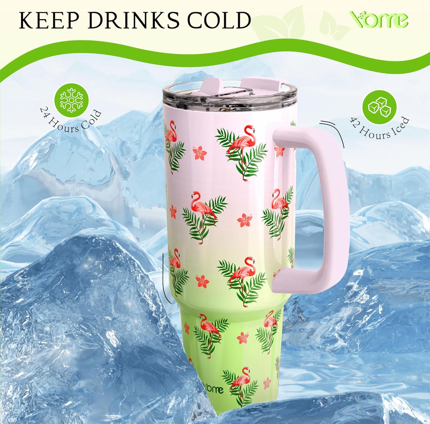 YOME 40 oz Flamingo Tumbler with Handle and Flip Straw for Women | Stainless Steel Insulated Water Bottle | Keeps Drinks Cold | Dishwasher Safe | Cupholder Friendly | Gift Gym Travel Yoga - Image 6
