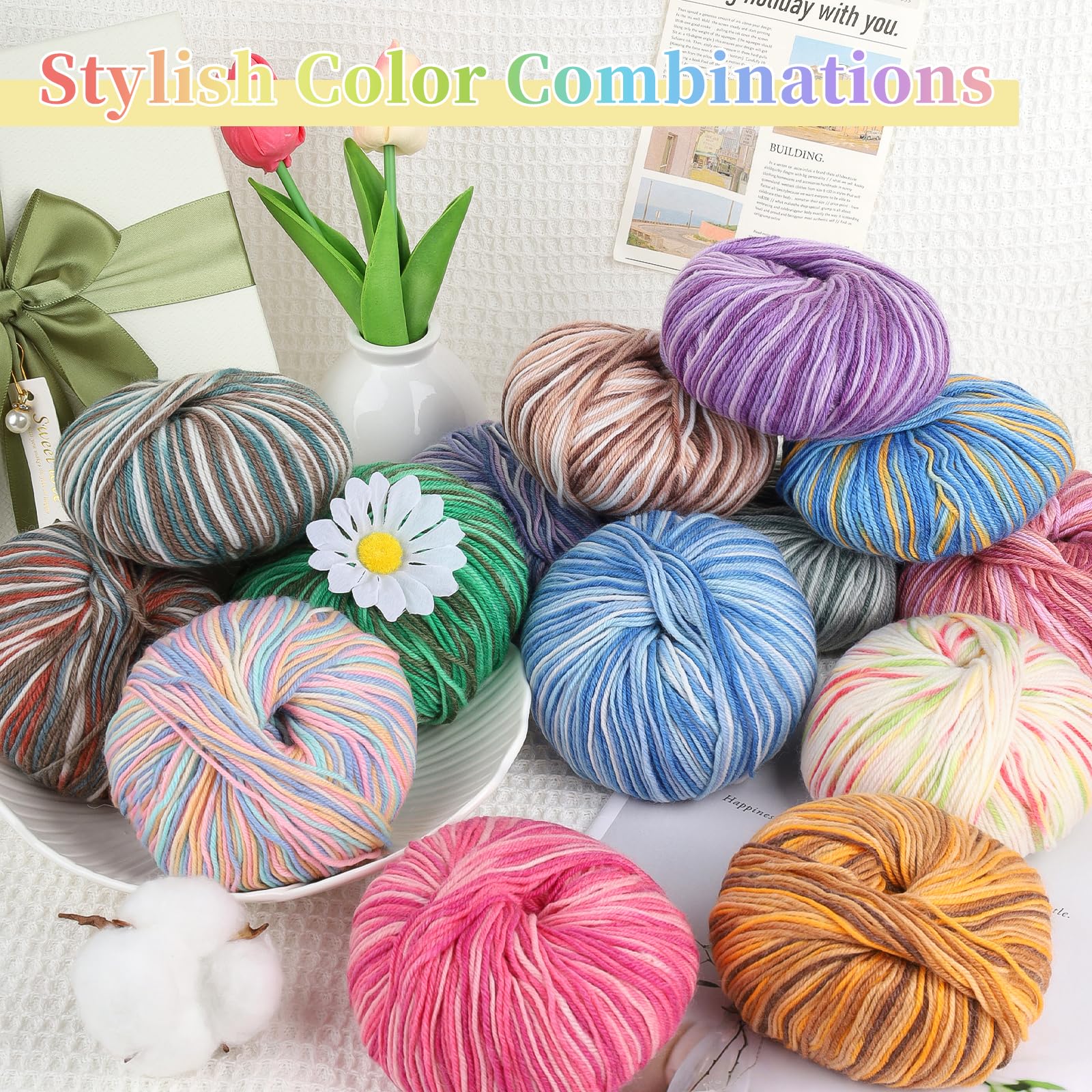 Coopay Wollgarn zum Häkeln & Stricken, 15 Knäuel Premium Wollgarne | Wollmischgarn, 60 % Wolle, 40 % Polyester, 50 g, 129 m, #3 DK-Garn für Kleidung, Schals, Decken, Schals (Mehrfarbig B)