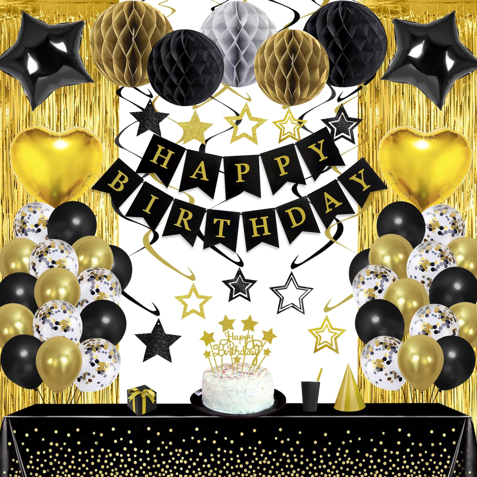 Black Gold Birthday Party Decorations Supplies Happy Birthday Banner Honeycomb Balls Fringe Curtain Foil Balloons Hanging Swirls Cake Topper