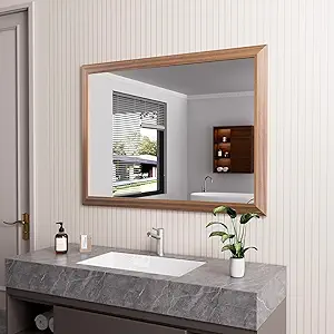 Amorho Bathroom Mirror, 40 X30 Inch Wall Mirror, Walnut Wood Grain Metal Framed, Anti-Rust, Hang Horizontally/Vertically, Suitable for Bedroom, Farmhouse, Bathroom, Decorative