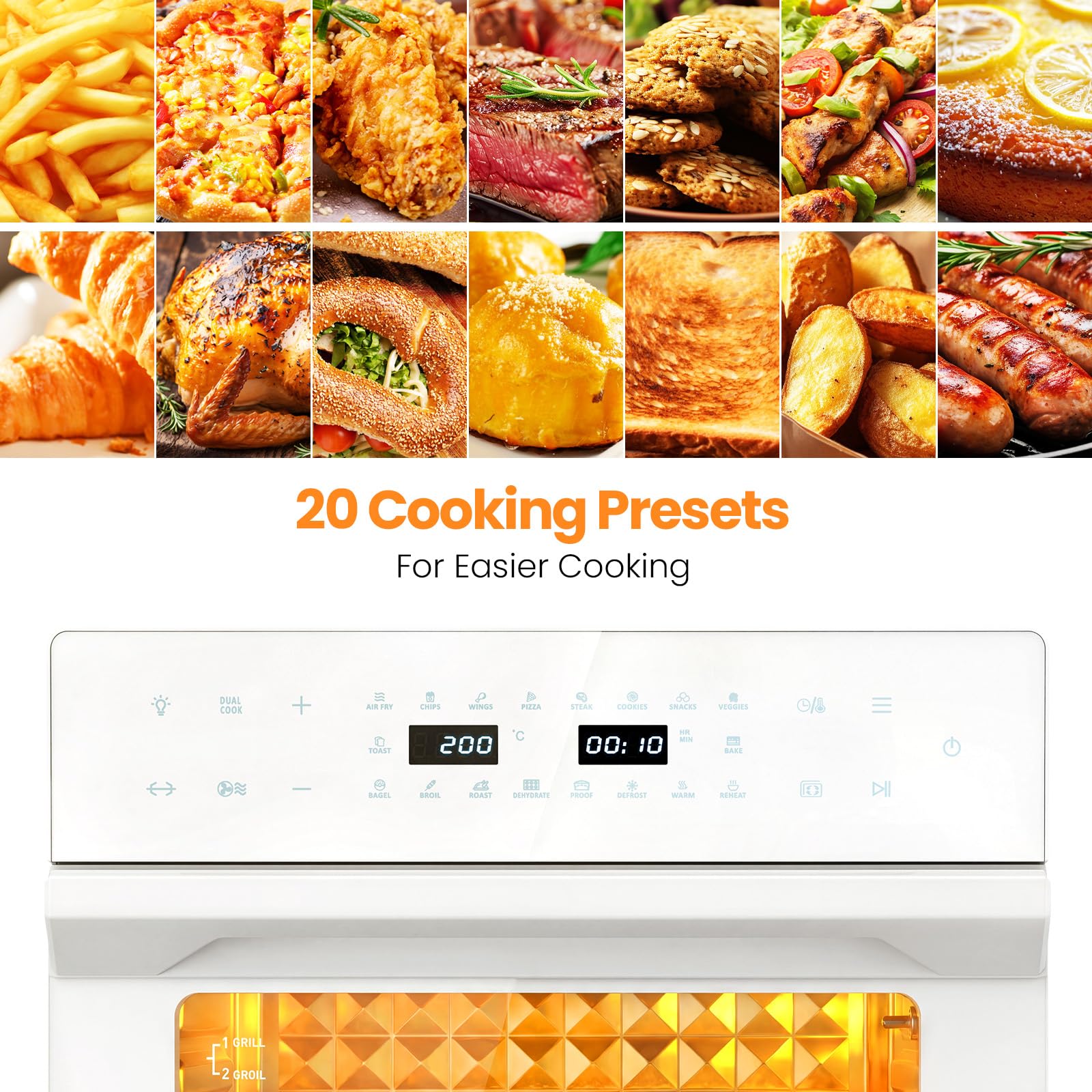 LLIVEKIT XXL Frytkownica powietrzna, piekarnik 30 l z obrotowym rożnem, frytkownica bezolejowa z 20 programami i 9 akcesoriami, wyświetlacz dotykowy LED Air Fryer, konwekcja z przepisami, 1800W, 80°C