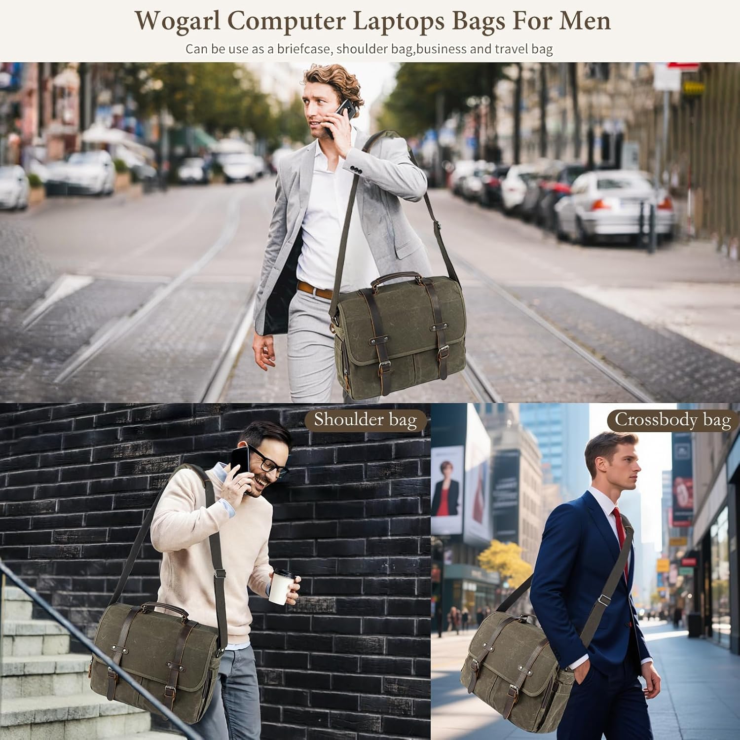 Wogarl 15.6" Messenger Bag for Men: Leather Waxed Canvas Briefcase Large Computer Laptop Bag Handbags Crossbody Bags for Work - Image 6