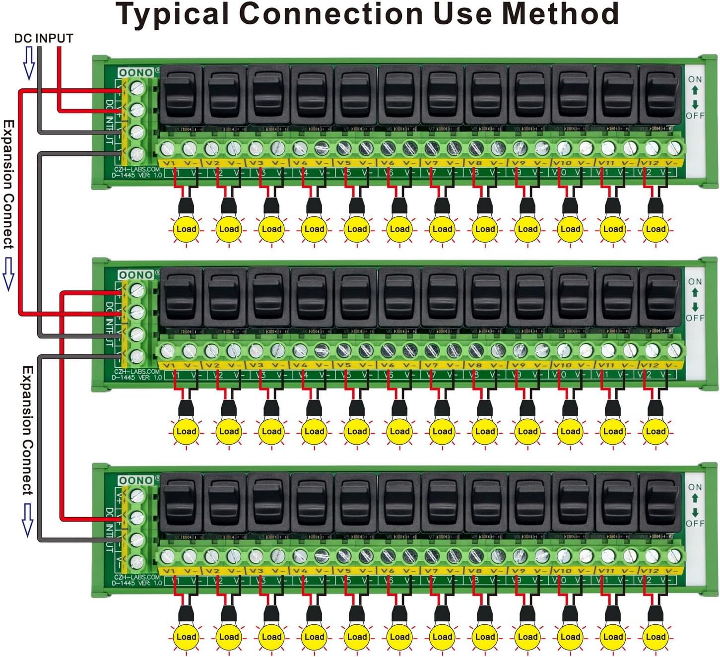 DIN Rail Mount 12 Channel Paddle Switch DC Power Distribution Strip Module