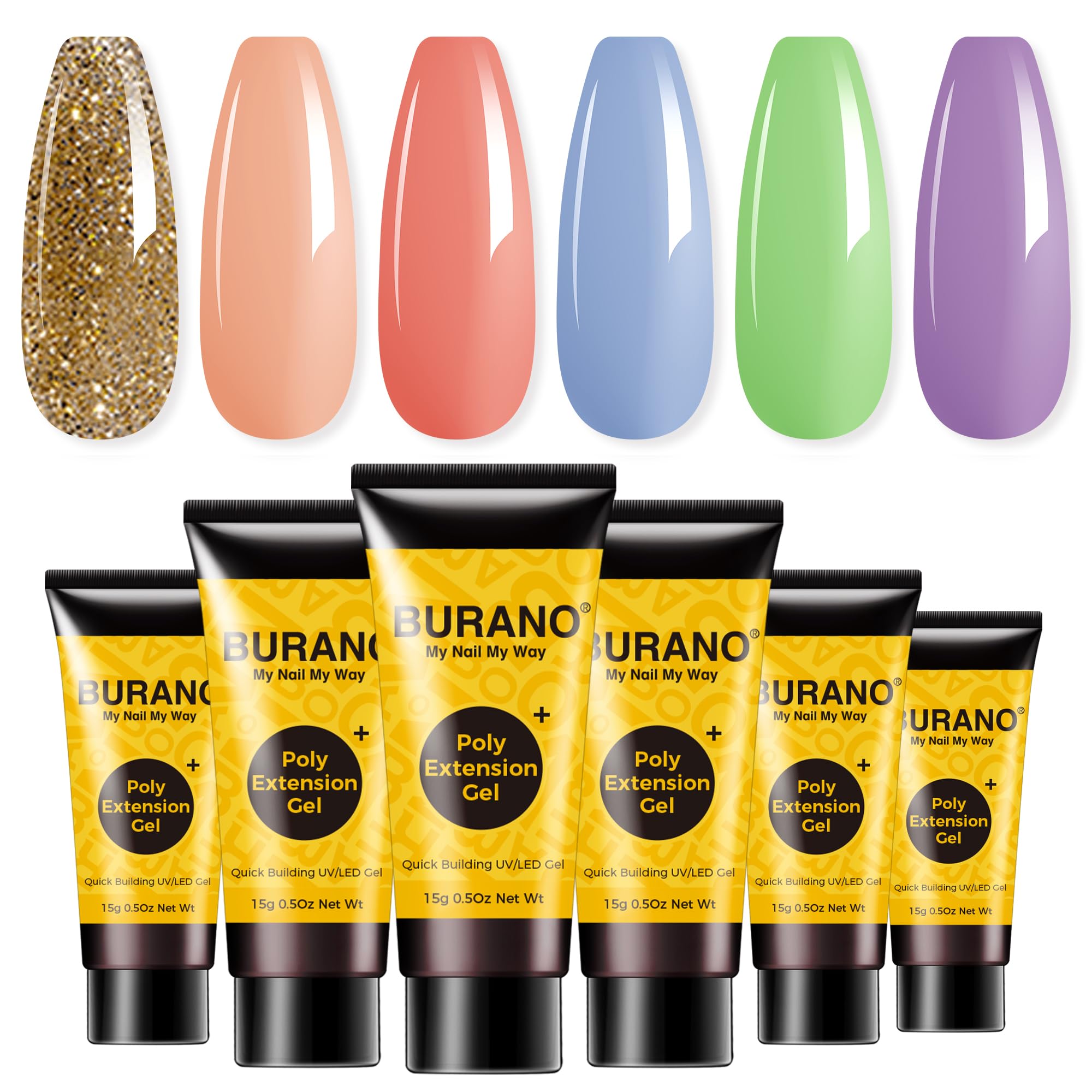 BURANO Poly Extension Gel Nail Kit, 6 Colors Nail Poly Nails Builder Gel Set for Beginner & Professional Using, Poly Nail Gel Kits DIY Starter Kit Nail Art Gift (02 Colorful)