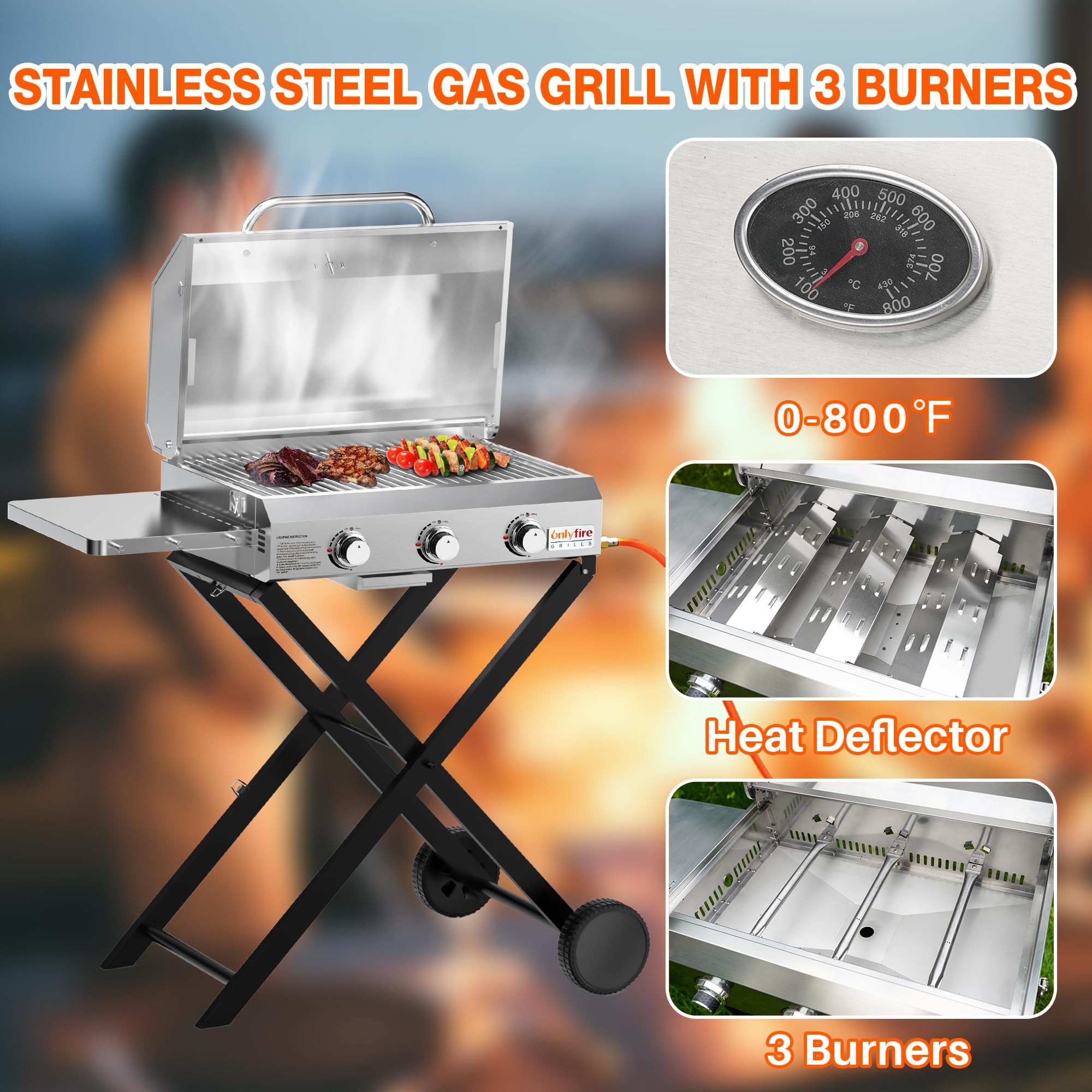 Onlyfire 3 Brenner Gas Grillwagen | BBQ Gasgrill mit Grillrost | 7Kw | Grillfläche 56,5×34cm | mit Seitentischen, Faltbarem Rollwagen, Rollen, Thermometer | für Outdoor Camping Balkon Garten