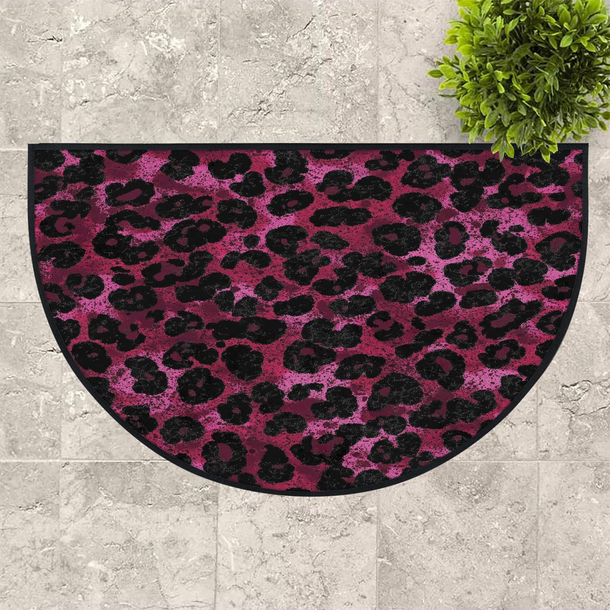 Mexpekil Paillasson demi-lune imprimé léopard rose foncé pour intérieur et extérieur - Demi cercle - Absorbant la saleté - 100 x 160 cm