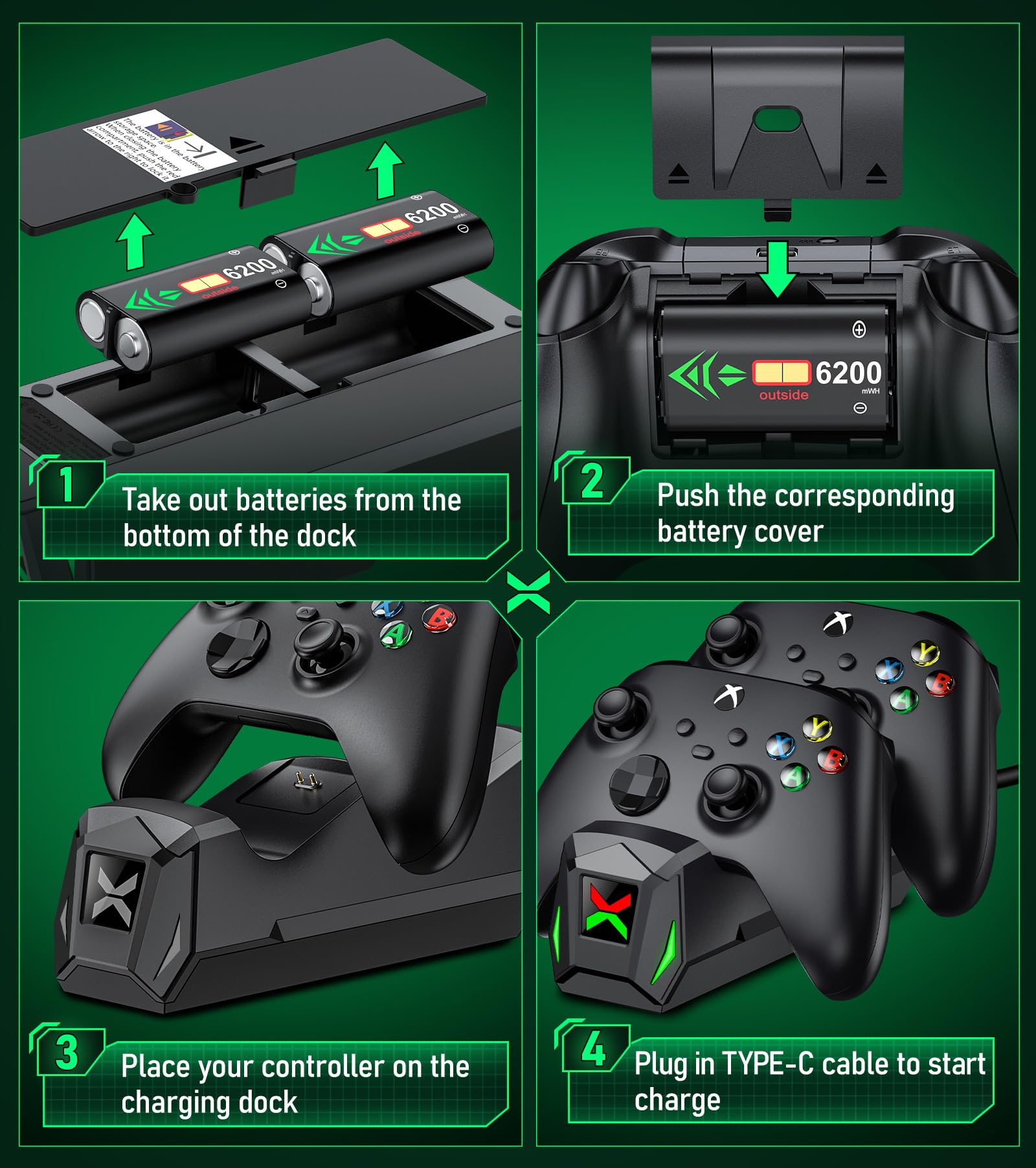 Upgraded Controller Charger Station with 2x6200mWh Rechargeable Battery Packs for Xbox One/Series X|S, Dual Charging Dock for Xbox One Battery Pack (Controller not Included) - Xbox One - Very Good - Used Controller - Image 6