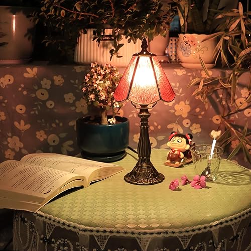 Miniatura 6 de Small Tiffany Table Lamp Pink Bark Pattern Style Stained Glass Desk Lamps 6X6X14 Inch Bronze Resin Base Antique Mini Accent Light Pink Bark