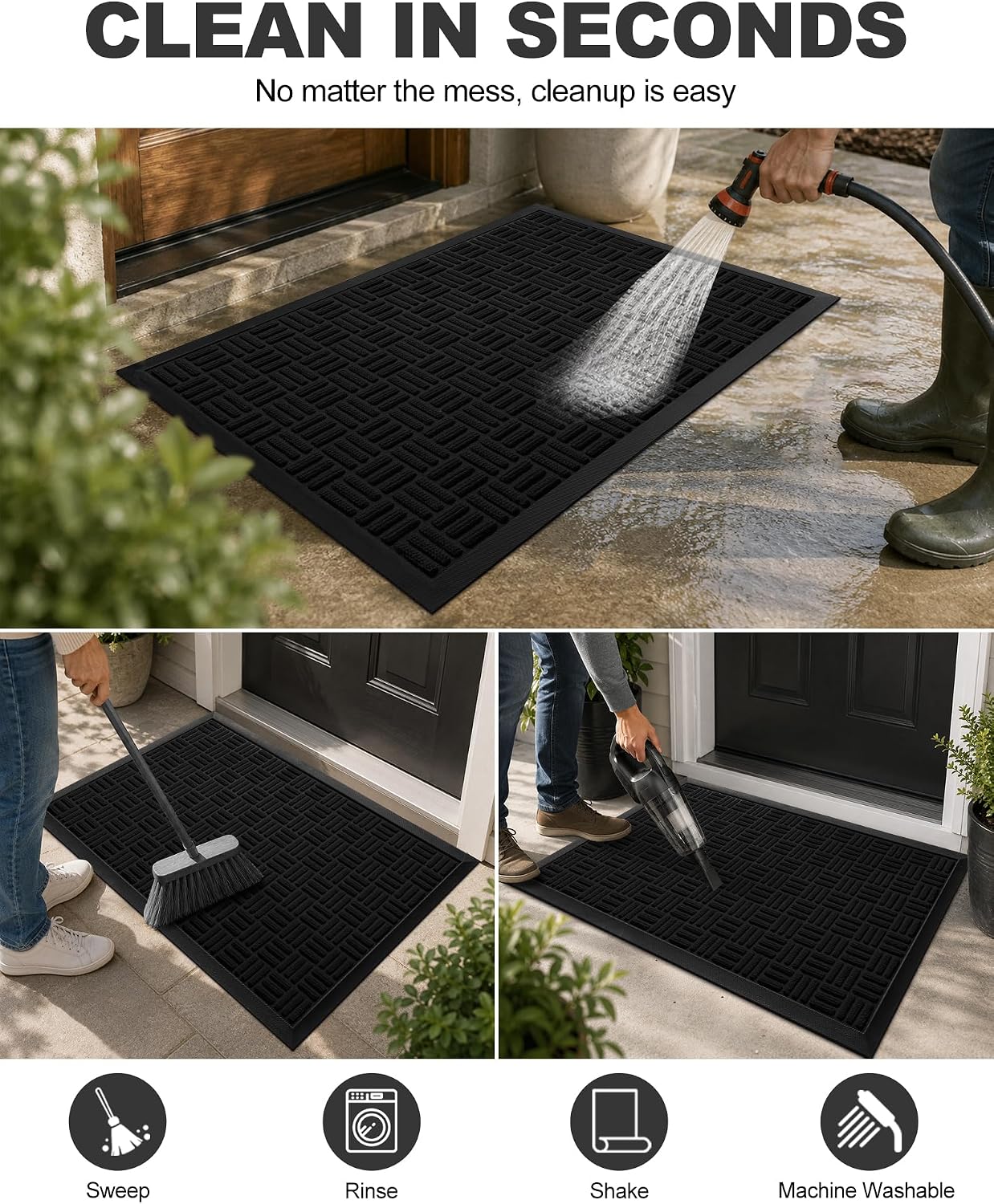  Front Door Mat Outdoor Entrance, 29.5" x 17" Heavy Duty Welcome Mat for Outdoor and Indoor, Waterproof Dirt Trapper Doormat, Super Absorbent Indoor Entryway Mat for Patio & Porch - Black thumbnail