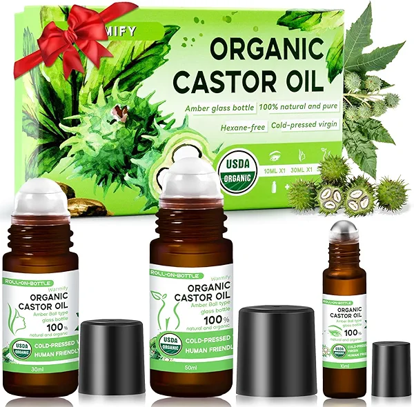 Warmify 3-in-1 Castor Oil Roll on for Eye,Face,Body Skin,Certified Organic Cold Pressed Castor Oil Roller ball unrefined Glass Bottle,Precise & Mess-Free Application & Travel Friendly