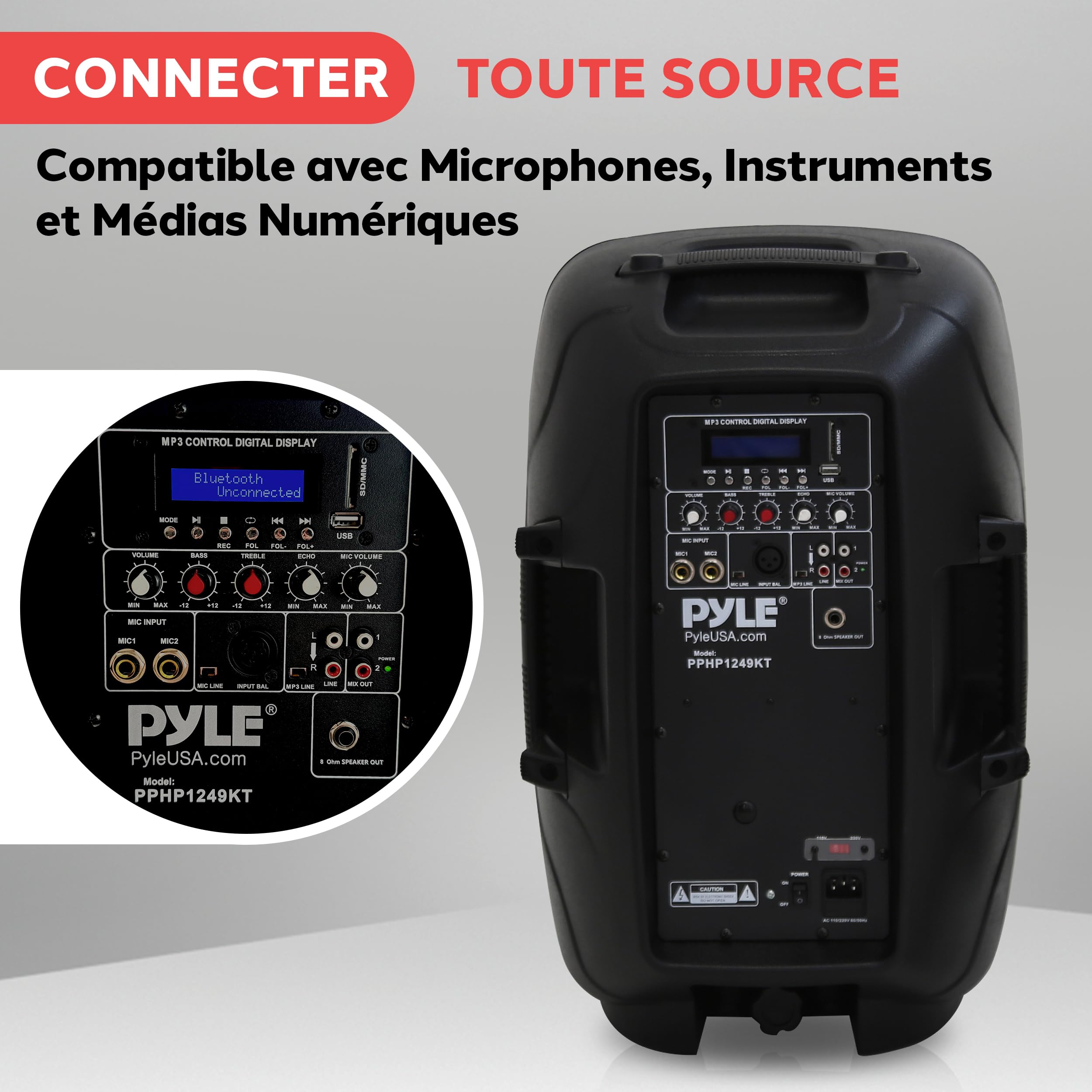 Pyle Portable PA System, 1800W Wireless Bluetooth Speaker System with Dual 12" Subwoofers, 2-Way Audio, Mic Input, SD/USB Readers, FM Radio, Remote, Tripod Stands, and Lights, for Events and Parties