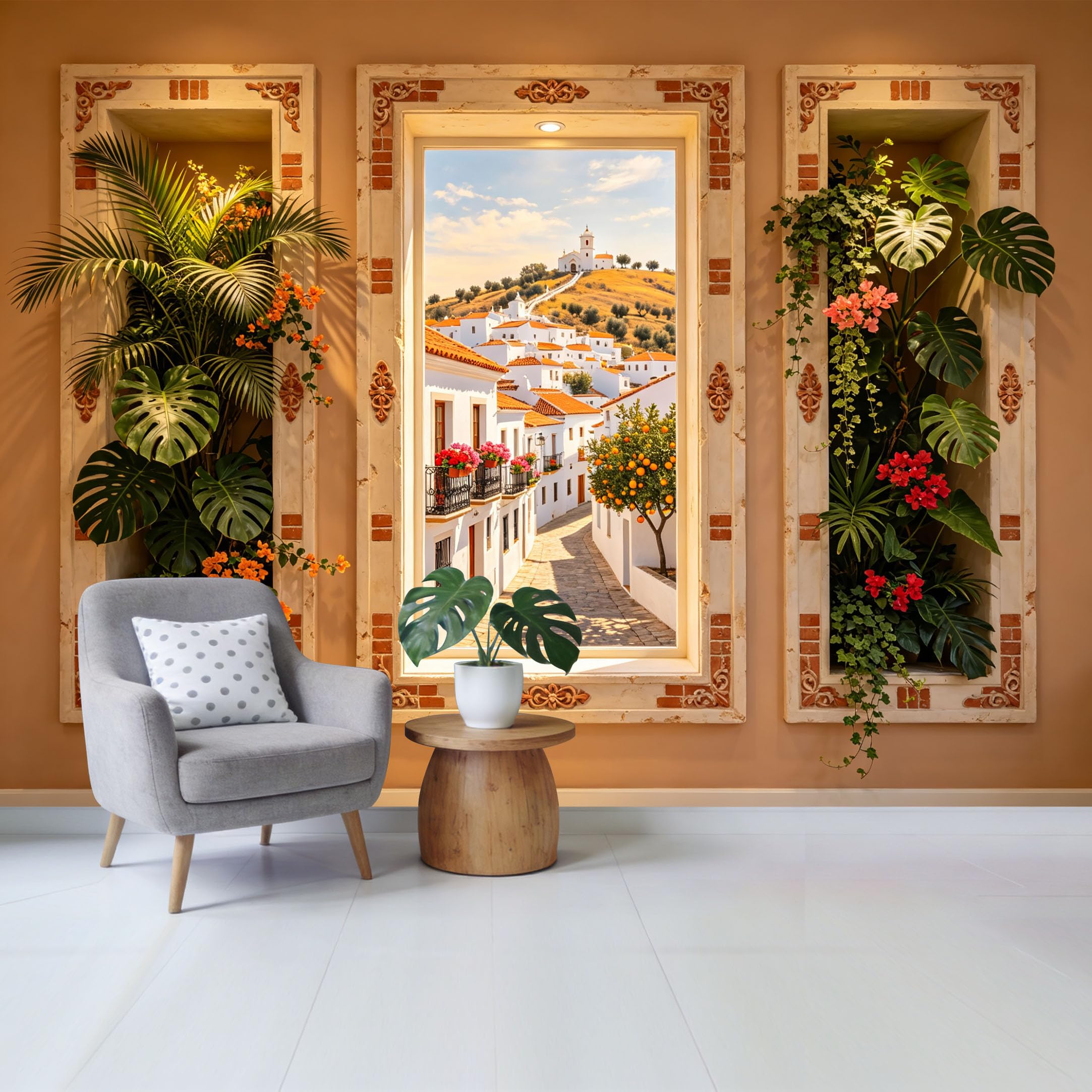 Removable Self Adhesive Fabric Mural， 3D Mediterranean Town Landscape Botanical Custom Size Wall Covering， UV Protected Waterproof Washable Wall Decor for Living Room Bedroom Bathroom