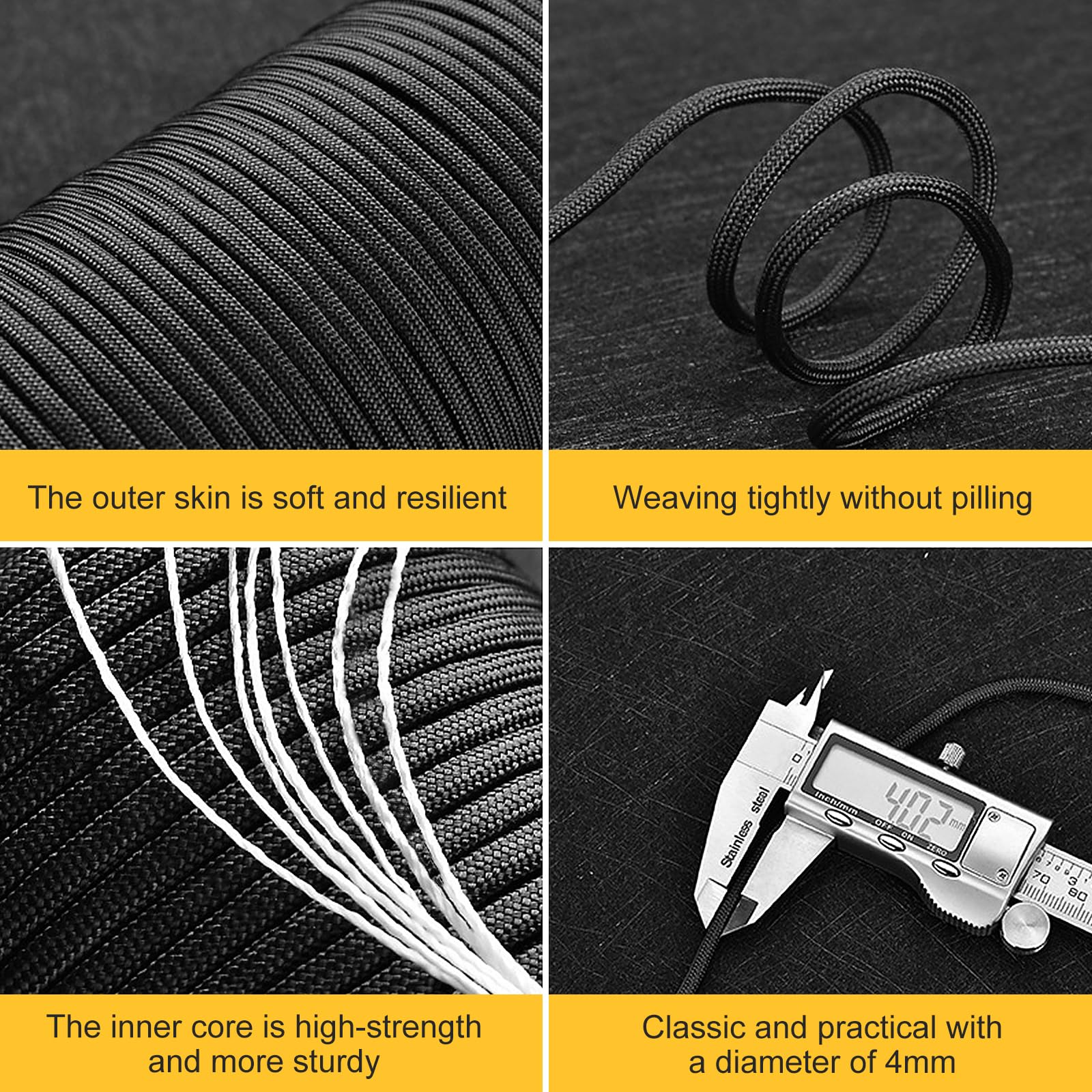 Paracord 550 nylonowa linka 4 mm, 50 m linka paracord z 7 żyłkami linki spadochronowej, odporny na rozerwanie, czarny nylonowy sznurek do bransoletki, smycz, obroży, survivalowy paracord maks.