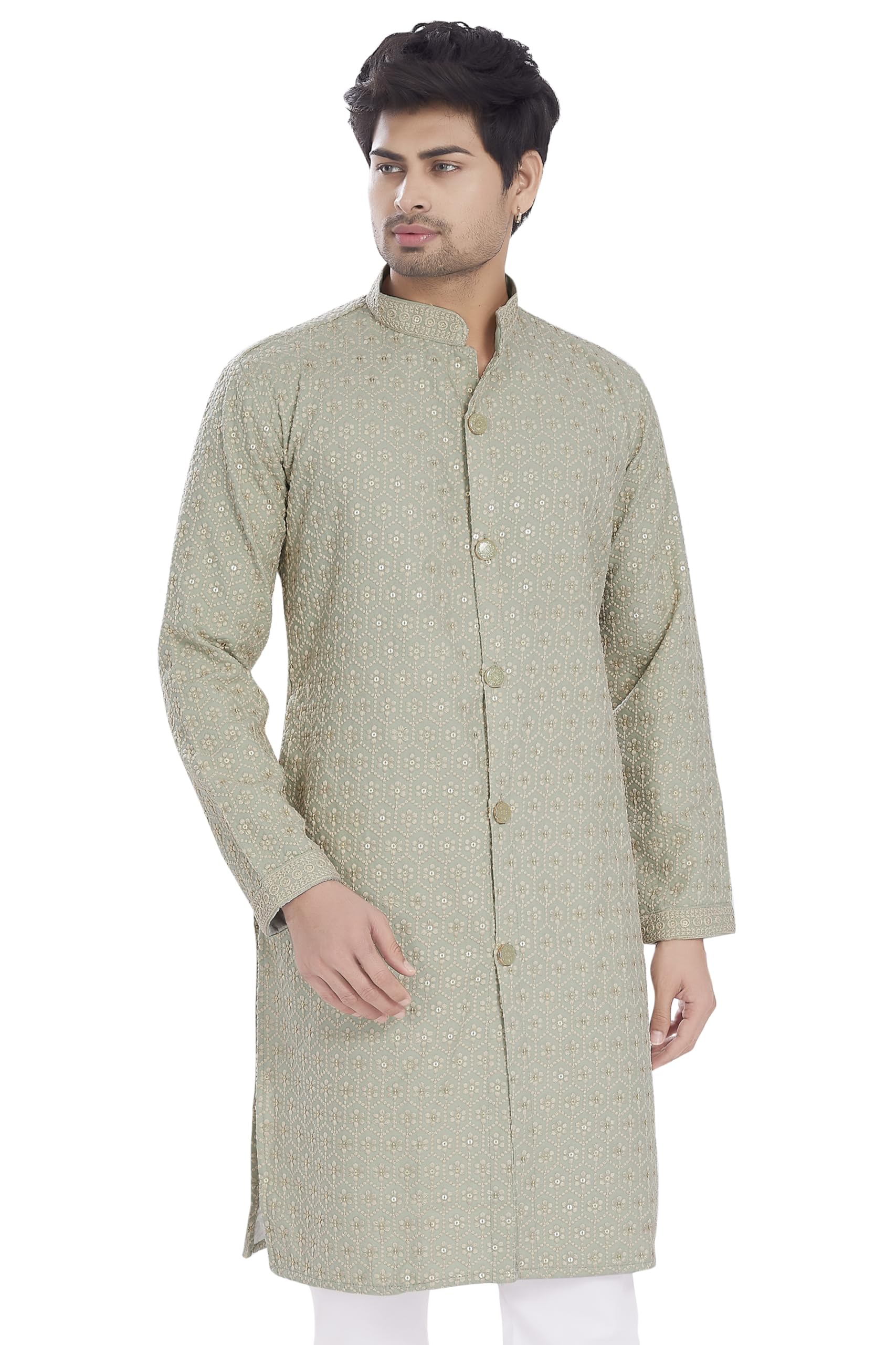 Men's Sequince Embroidered Cotton Blend Semi Indo Western Only Kurta